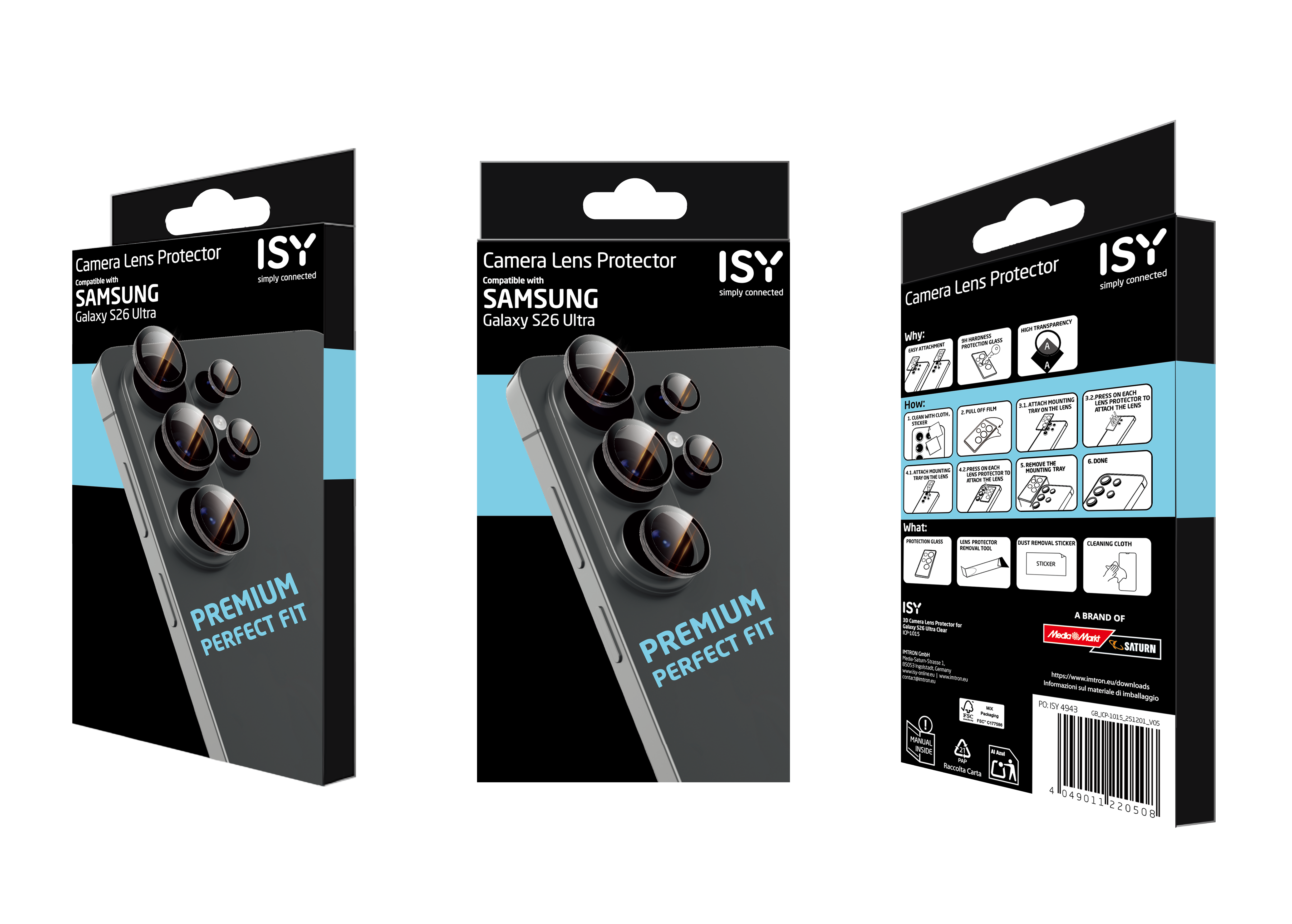 Verpackung für Displayschutzfolien für die Kameralinsen des Samsung Galaxy S26 Ultra.