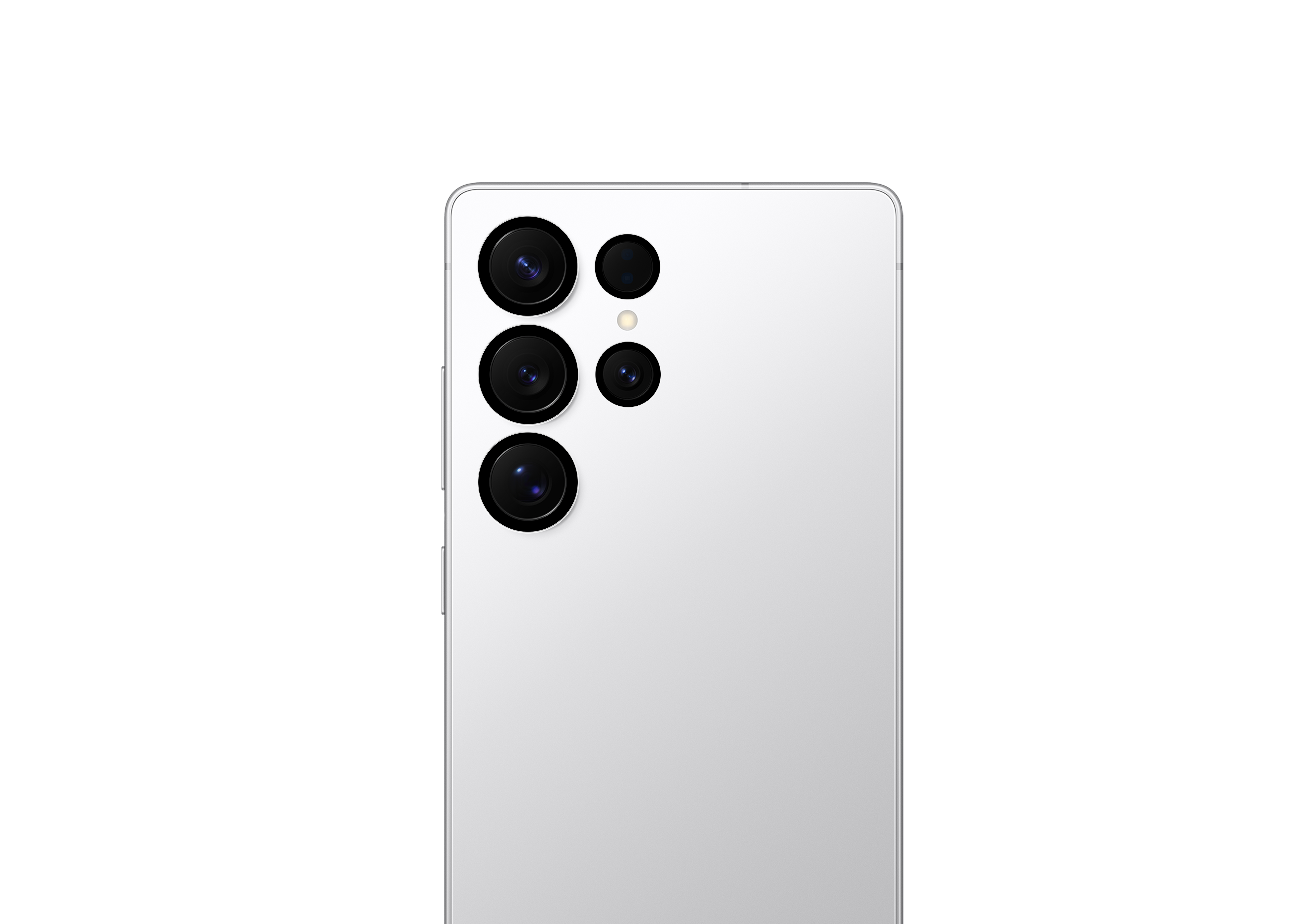 Detailansicht einer weißen Smartphone-Rückseite mit vier Kameralinsen.