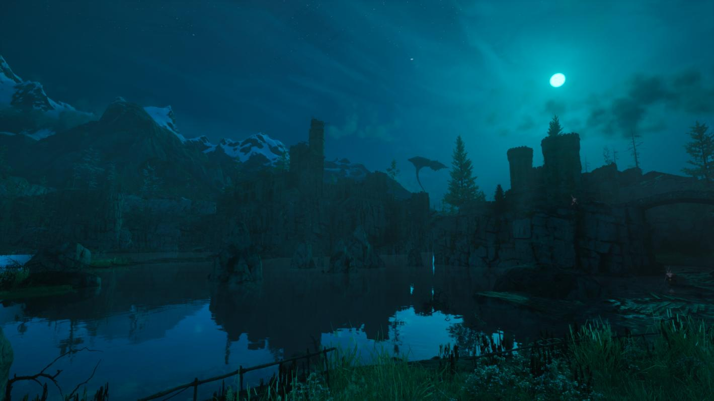 Nächtliche Landschaft mit Mond, Bergen, Ruinen und einem See.