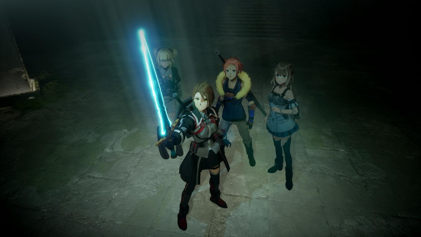Vier Anime-Charaktere stehen in einem dunklen Raum. Einer hält ein leuchtendes Schwert.