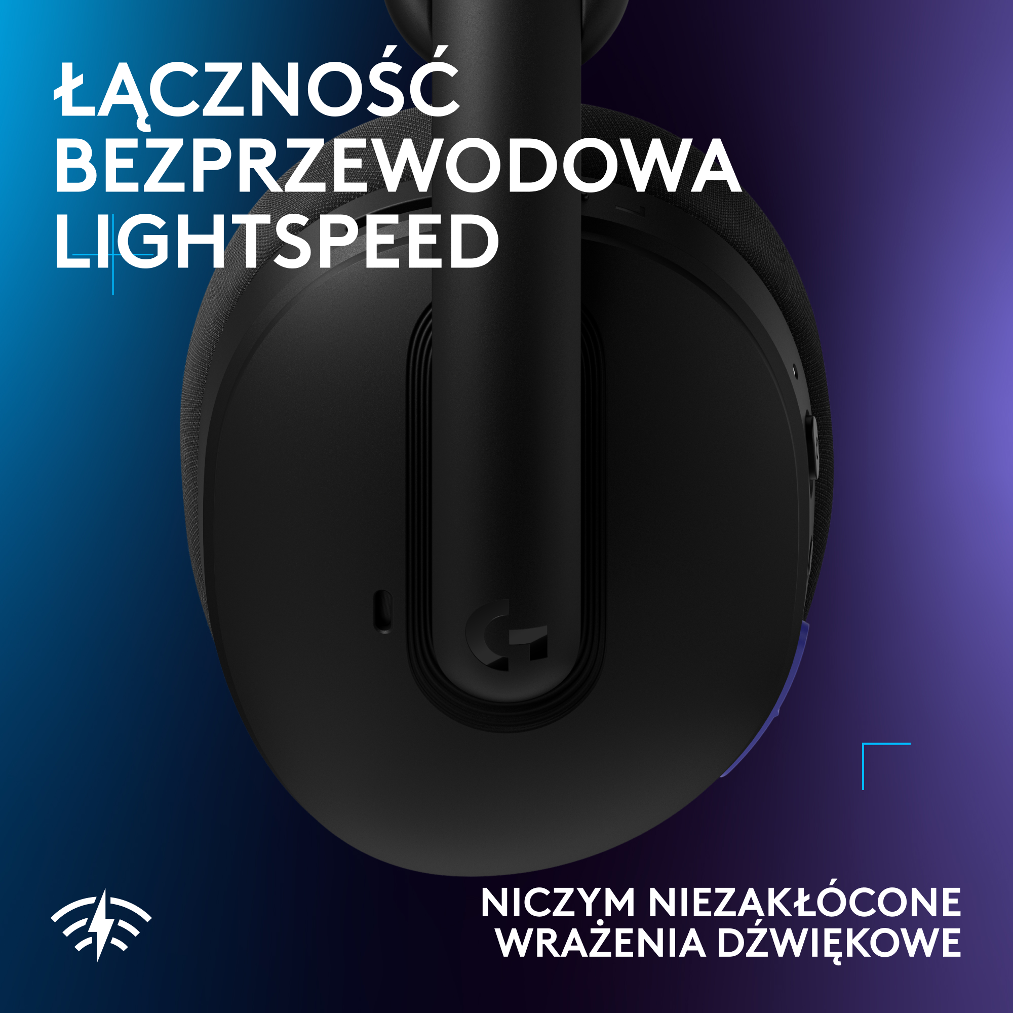 Zbliżenie czarnych słuchawek z napisem "Bezprzewodowa łączność LIGHTSPEED".