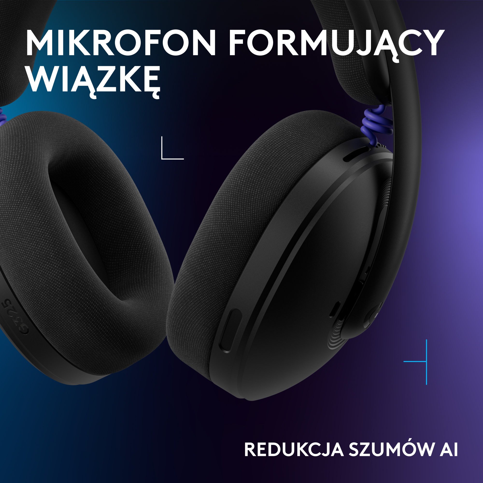 Czarne słuchawki z niebieskim kablem w kształcie spirali na ciemnym tle.