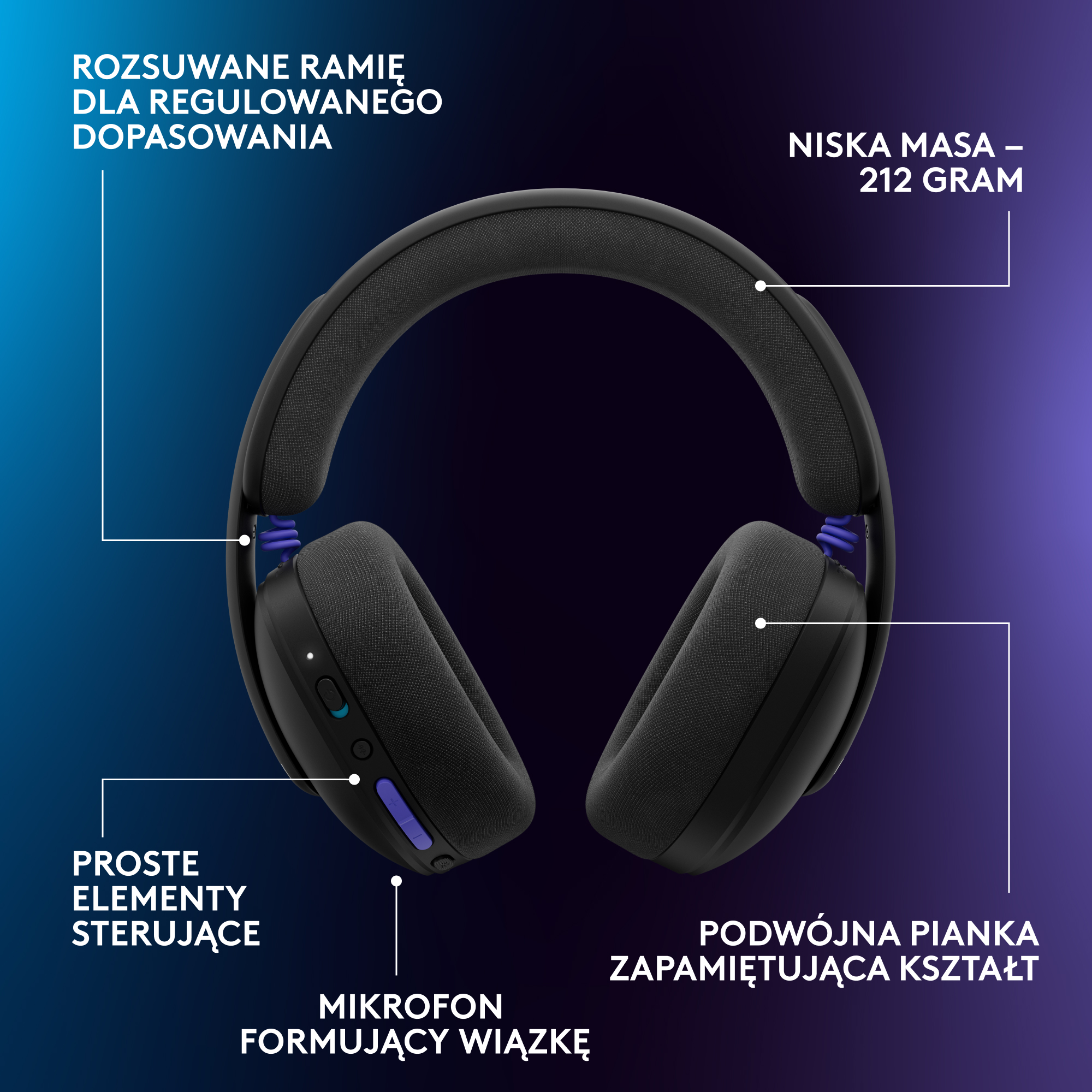 Czarne słuchawki z regulowanym pałąkiem, mikrofonem i piankowymi nausznikami.