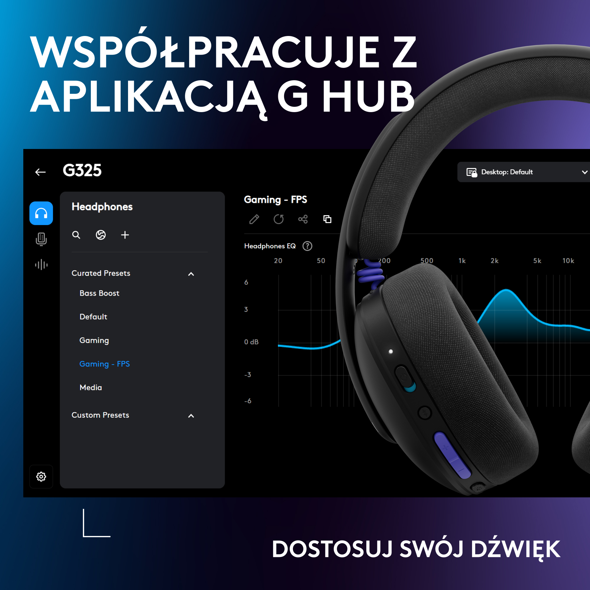 Czarne słuchawki z wyświetlaczem EQ i opcjami menu.