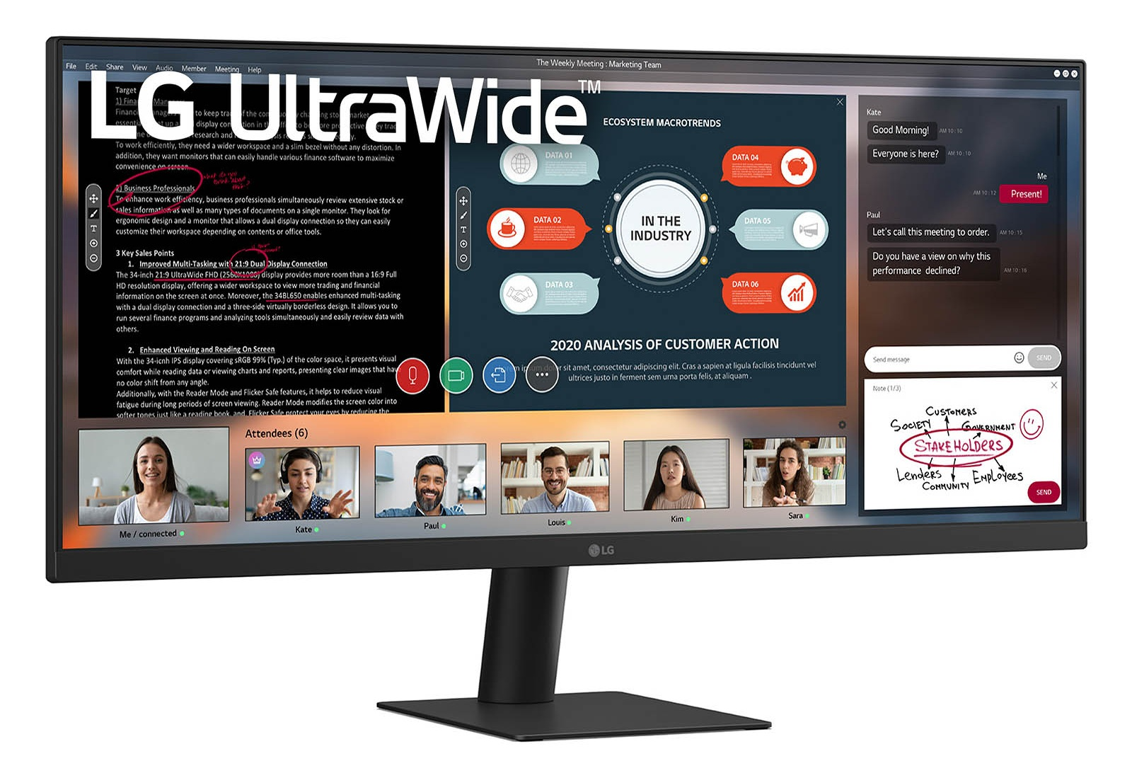 Monitor LG UltraWide wyświetla wideokonferencję z sześcioma uczestnikami i prezentacjami.