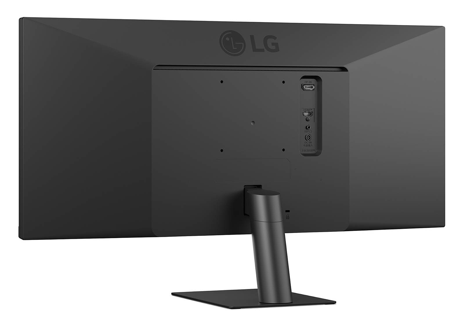 Tył czarnego monitora LG, z portami i podstawą.