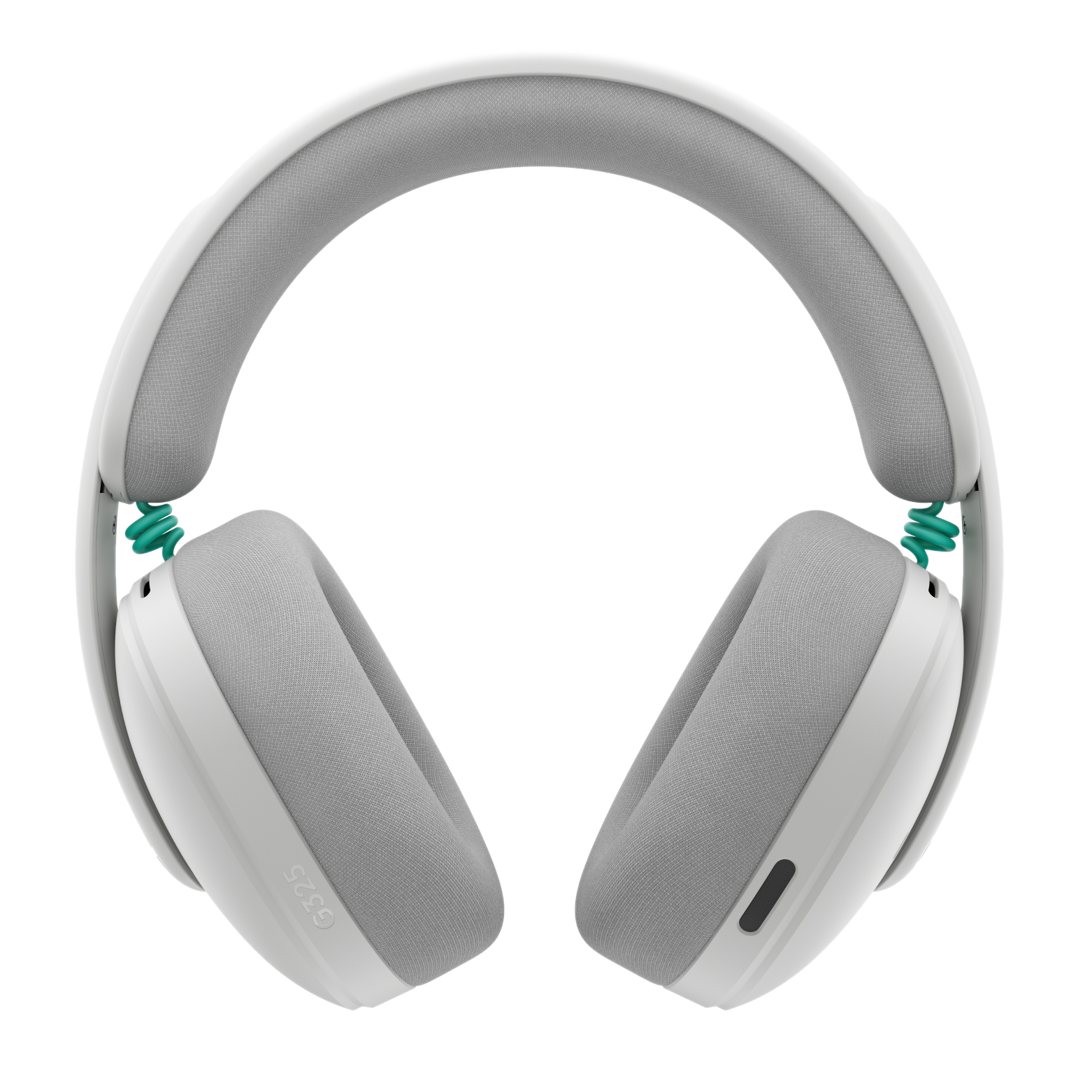 Białe słuchawki z szarymi nausznikami i turkusowymi akcentami.