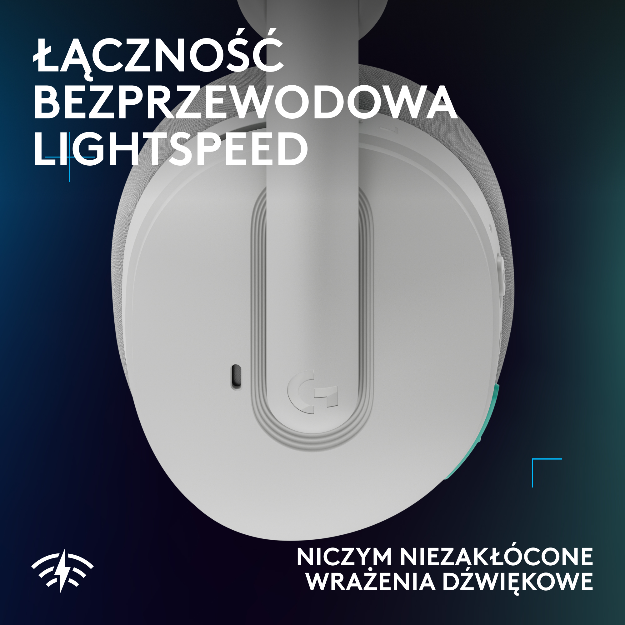 Białe słuchawki z logo Logitech G na ciemnogranatowo-zielonym tle.