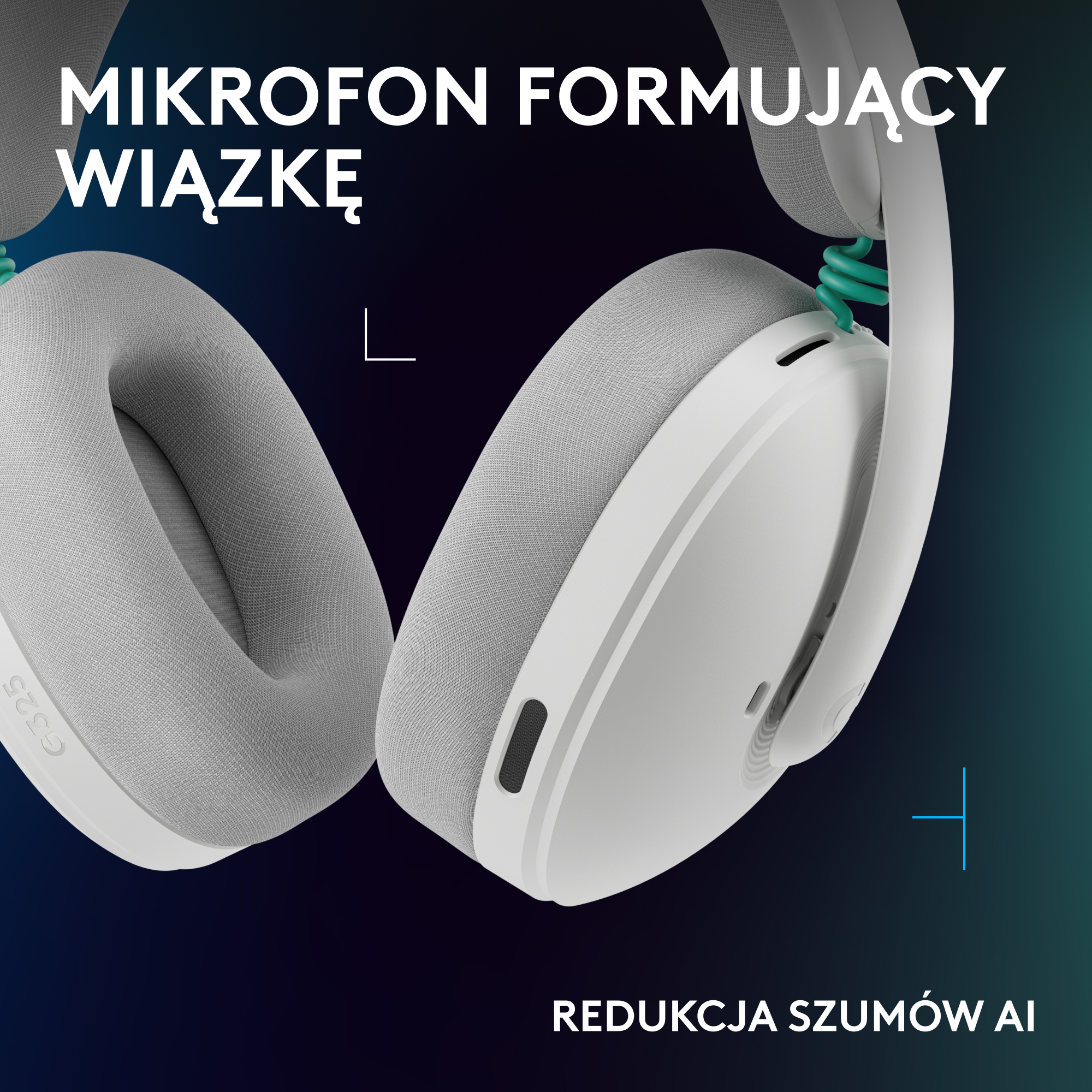 Białe słuchawki z turkusowymi akcentami i tekstem.