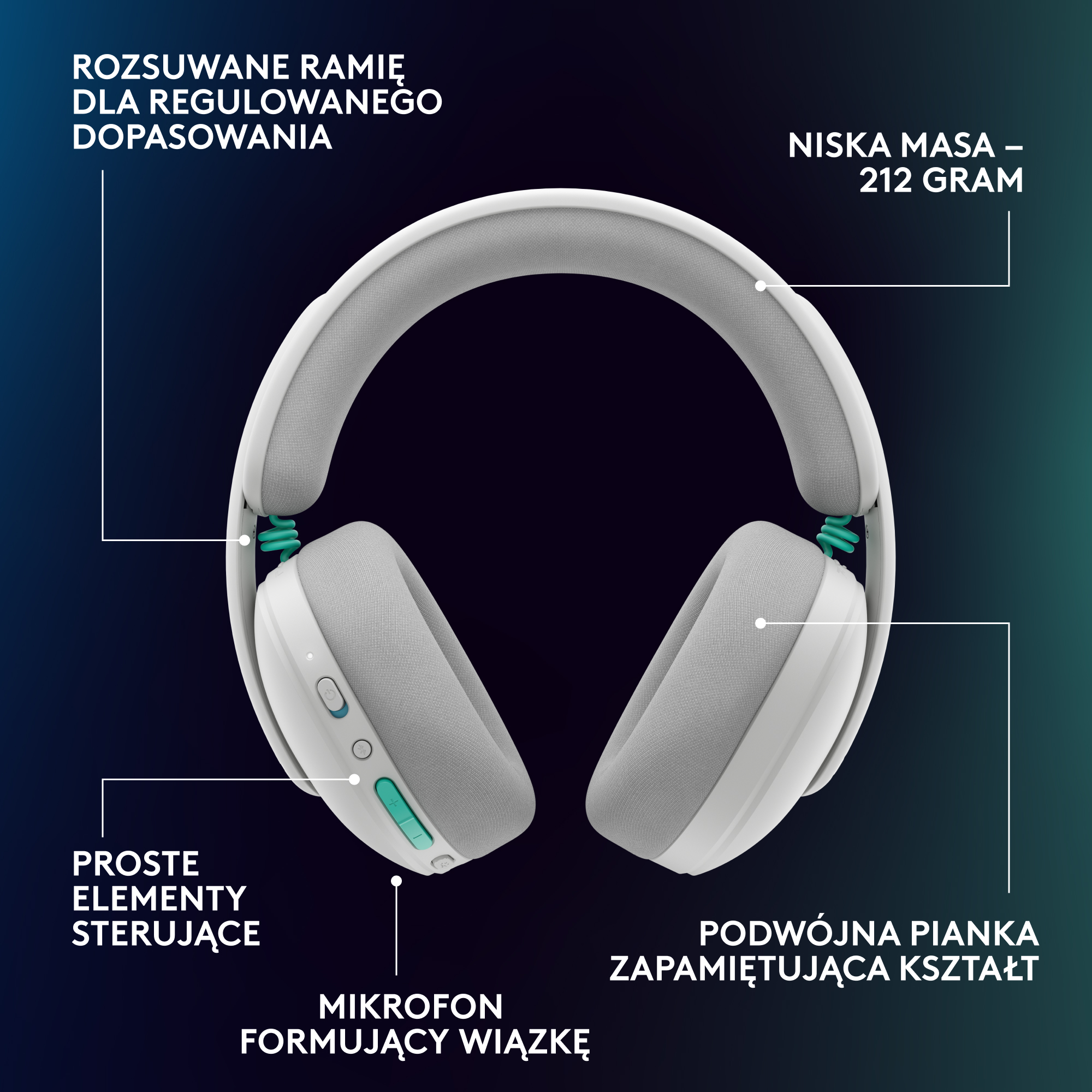 Białe słuchawki z regulowanym pałąkiem i turkusowymi akcentami mikrofonu.