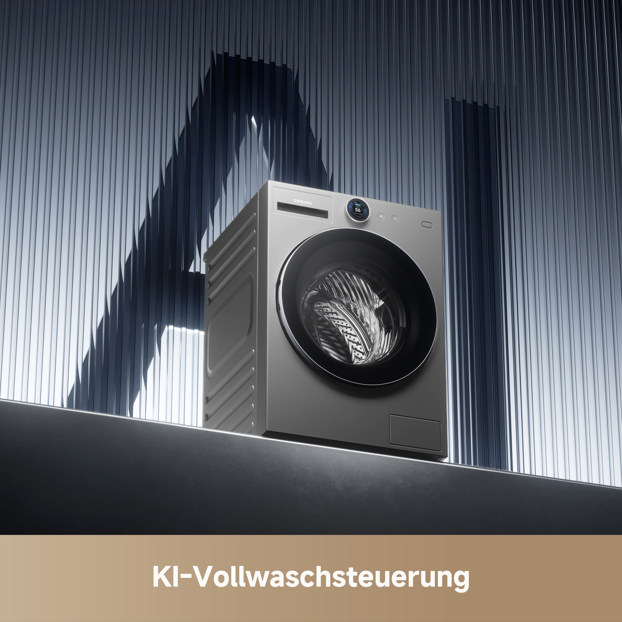 Eine graue Waschmaschine steht auf einem Regal vor einer vertikalen Wand.