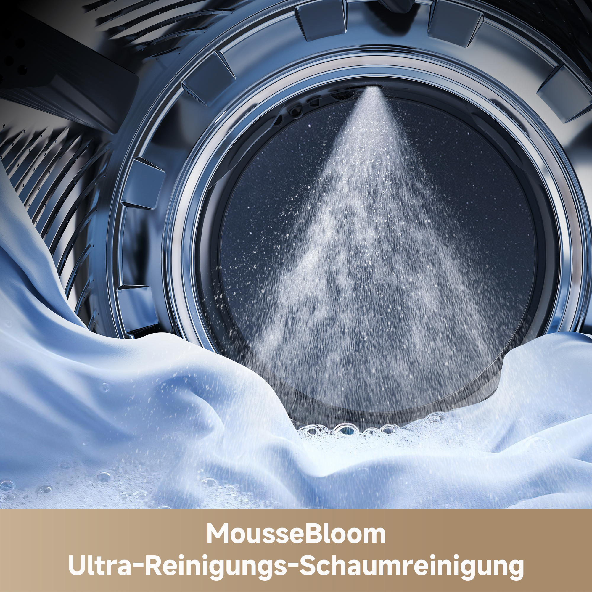 MousseBloom: Schaumreinigung in einer Waschmaschine mit Stoff und Wasser.