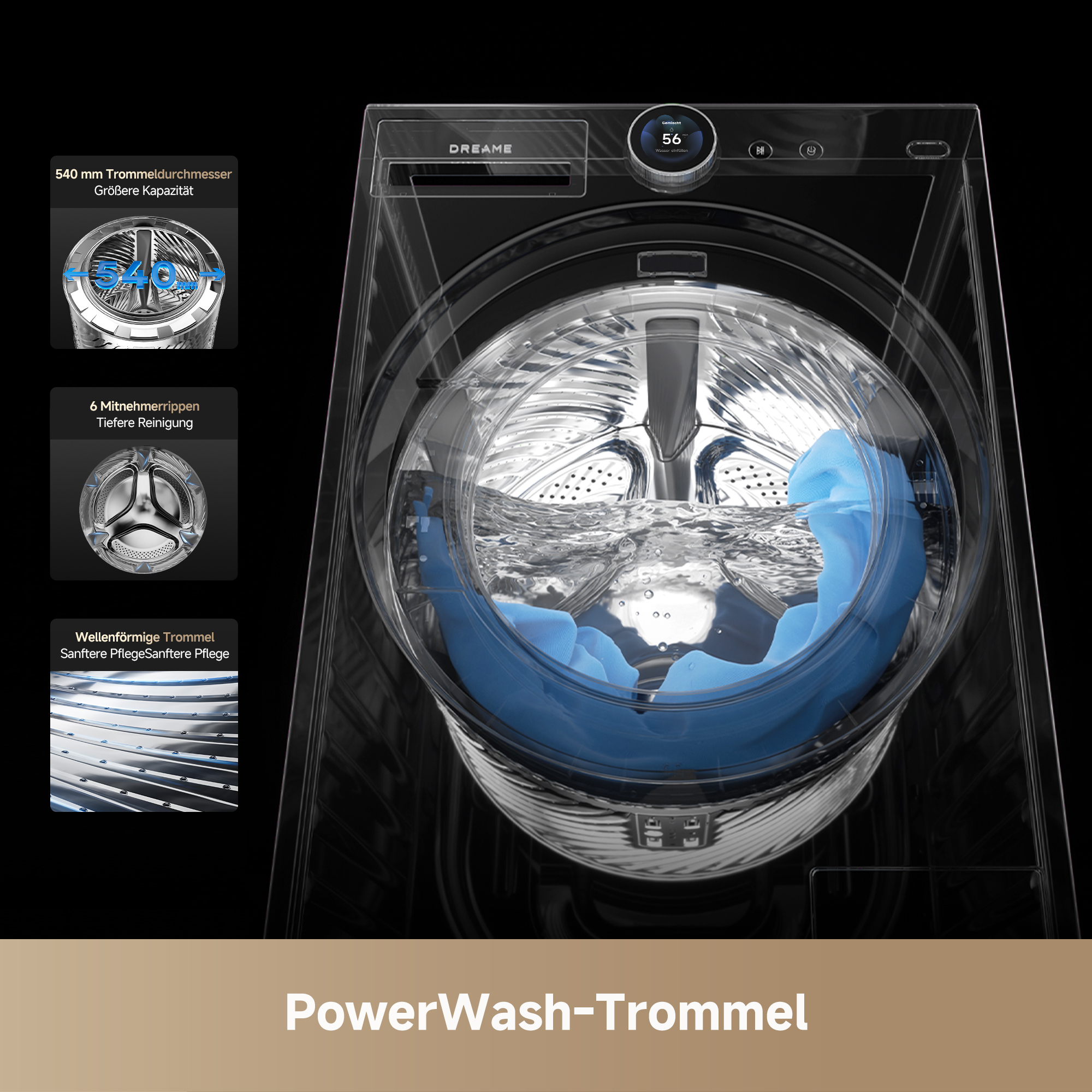 Eine Waschmaschine mit transparenter Trommel, gefüllt mit Wasser und blauer Wäsche.
