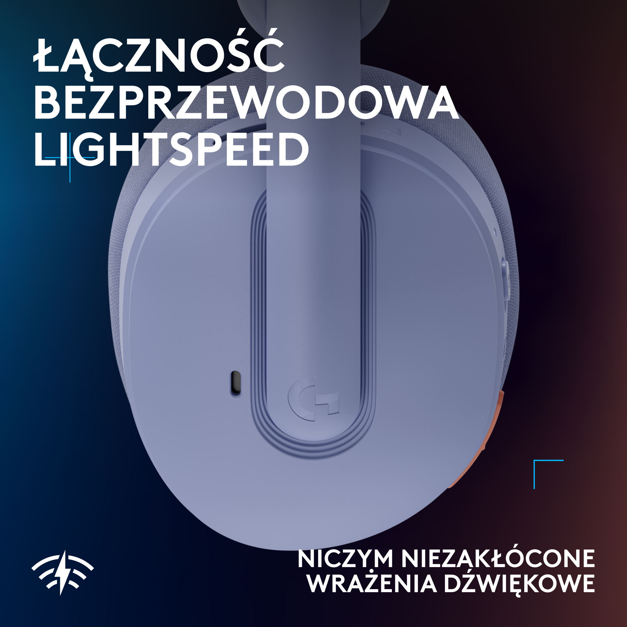 Niebieskie słuchawki z logo Logitech G i białym tekstem.