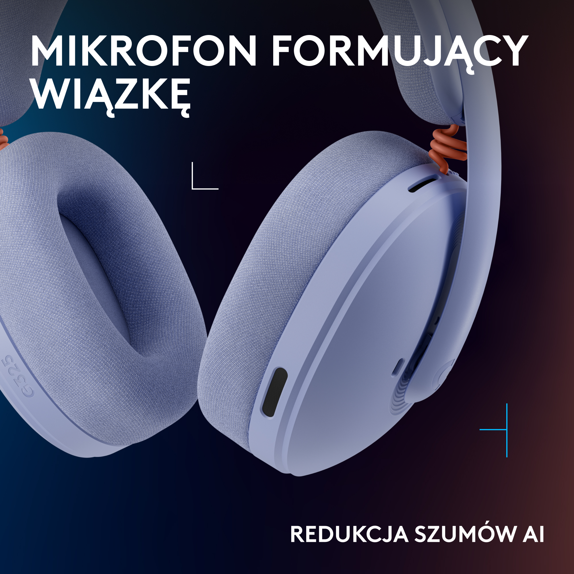 Niebieskie słuchawki z mikrofonem i napisem "MIKROFON FORMUJĄCY WIĄZKĘ".