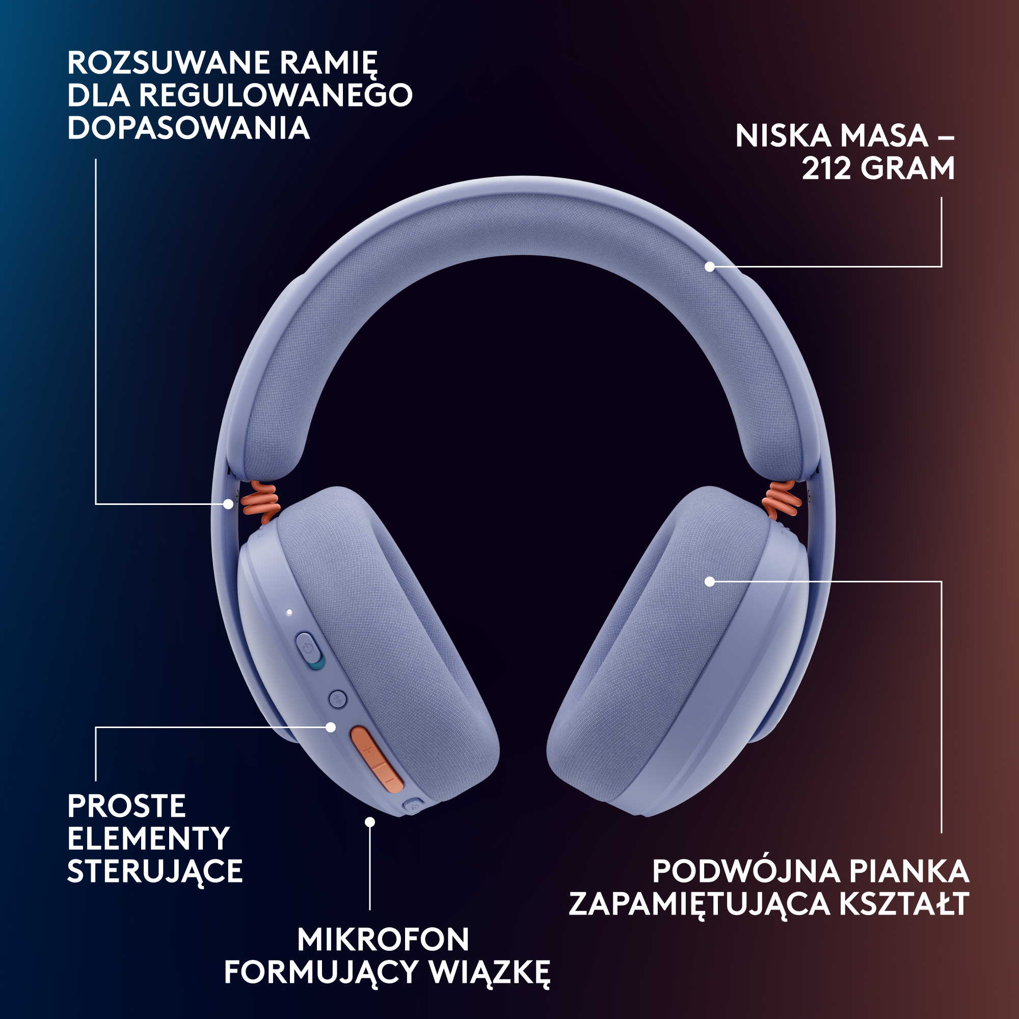 Niebieskie słuchawki z regulowanym pałąkiem, elementami sterującymi i mikrofonem.
