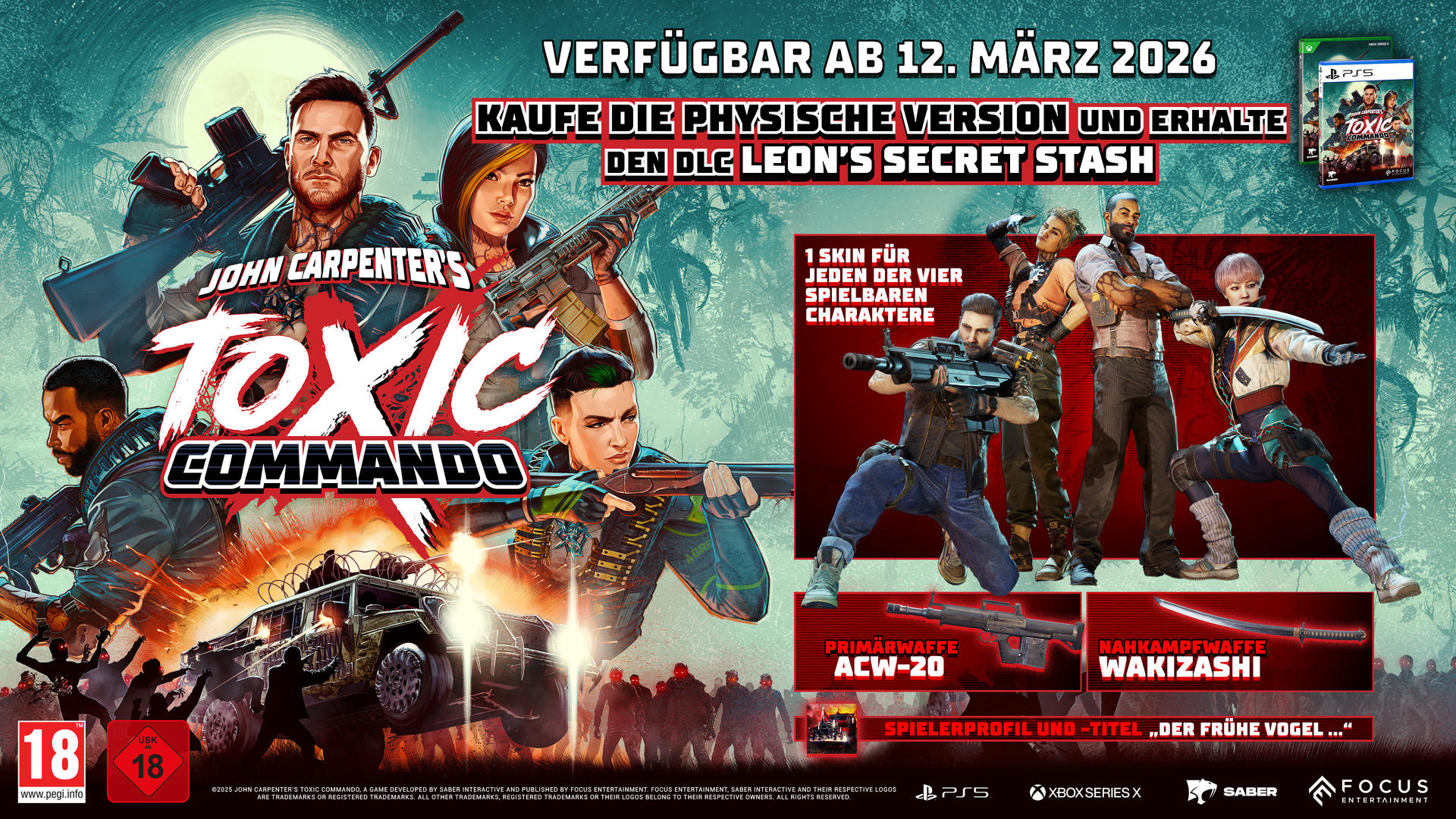 John Carpenters Toxic Commando: Charaktere, Waffen, Fahrzeuge und Zombies vor düsterem Himmel.