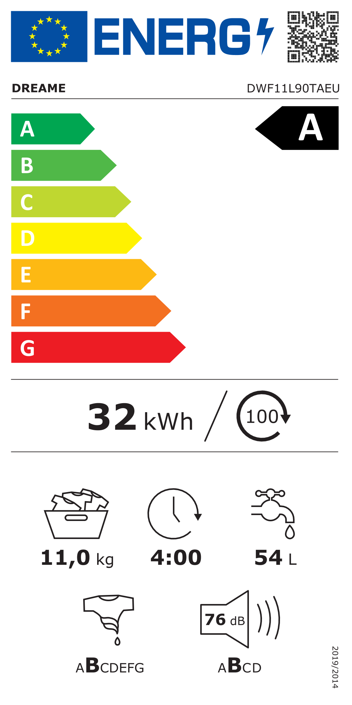 Energieeffizienzlabel mit Dreame-Logo, Energieklasse A, 32 kWh/100 Zyklen.