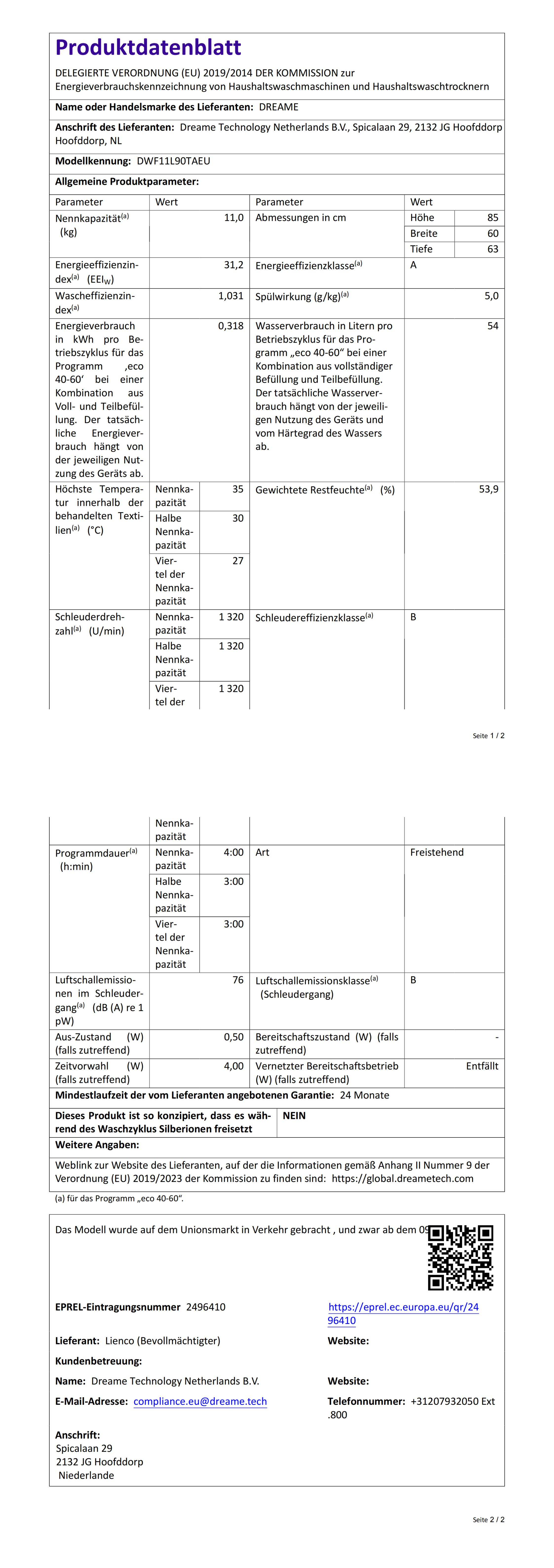 Produktdatenblatt für eine Waschmaschine mit technischen Details und Kontaktdaten.