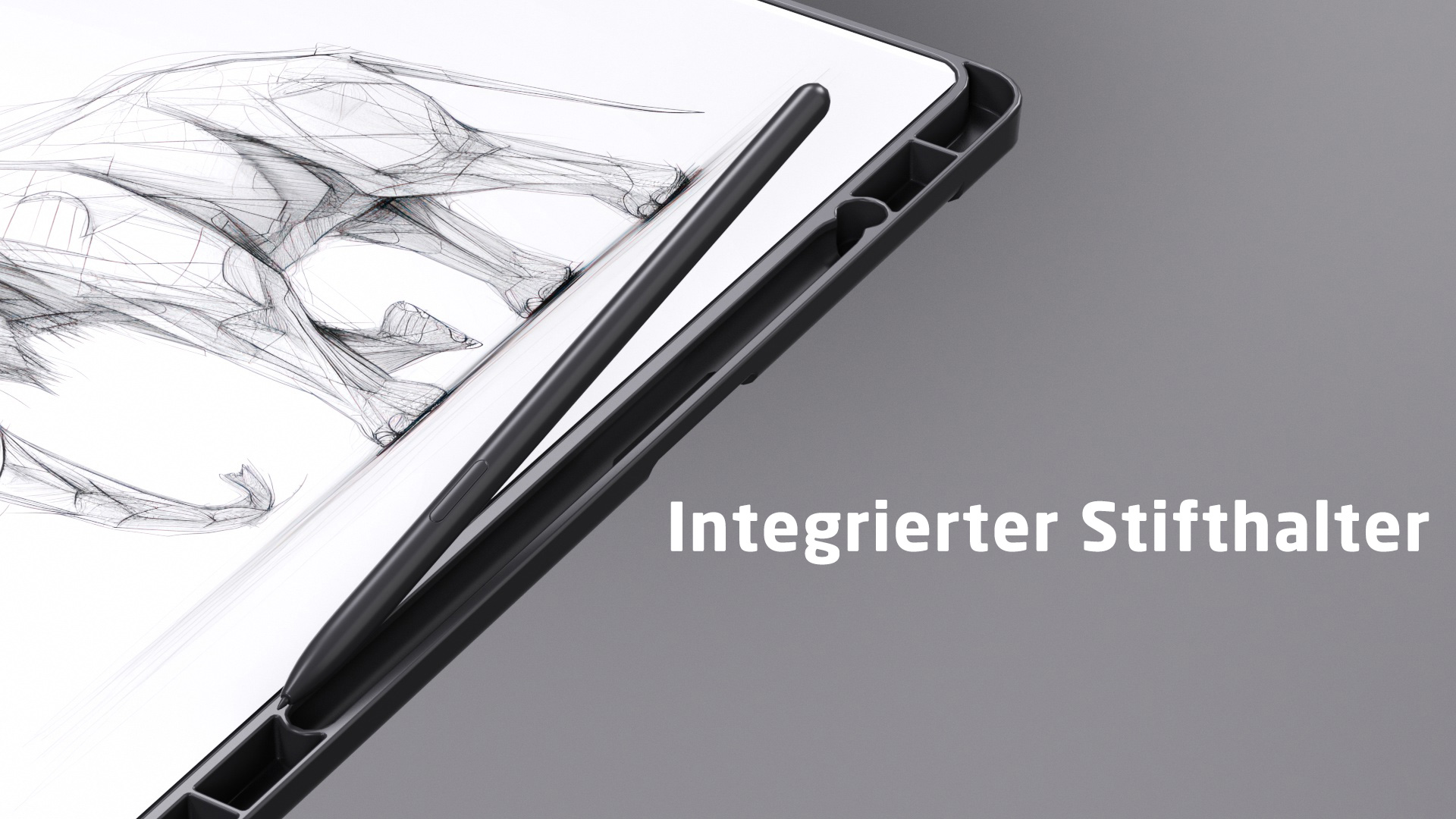 Ein Stift ruht auf einem Tablet mit einer Skizze eines Tieres.