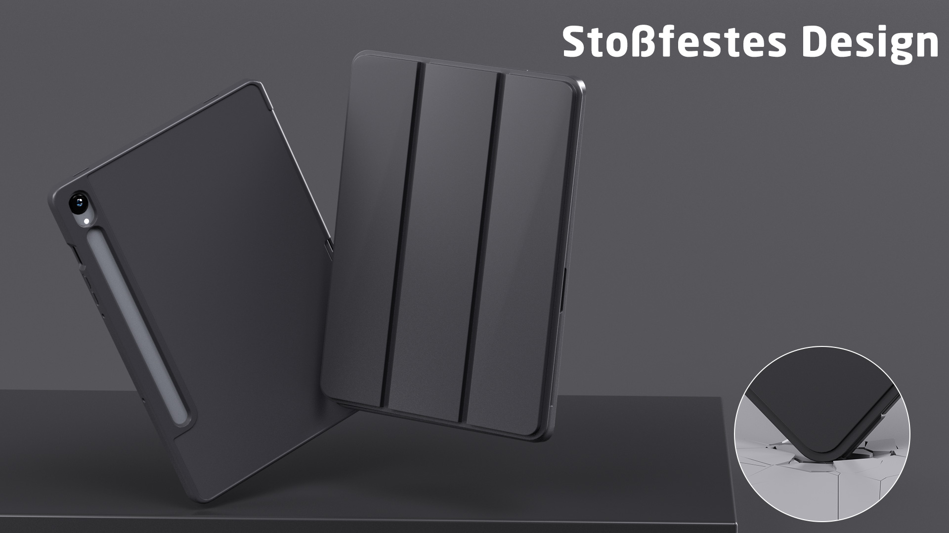 Zwei schwarze Tablet-Hüllen, eine mit Stiftfach, auf dunklem Untergrund.