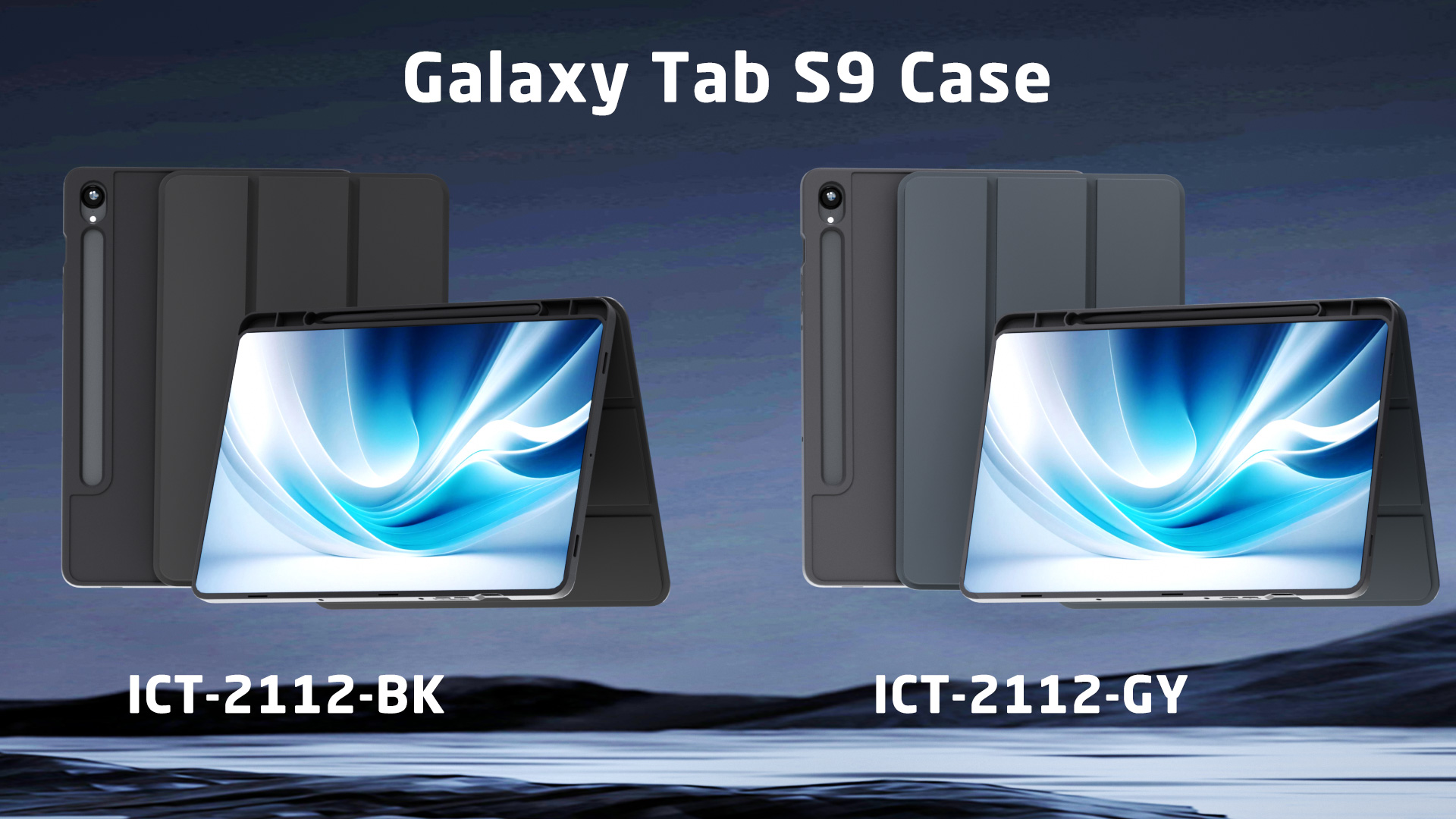 Zwei Galaxy Tab S9 Hüllen in Schwarz und Grau. Links die schwarze, rechts die graue Hülle.