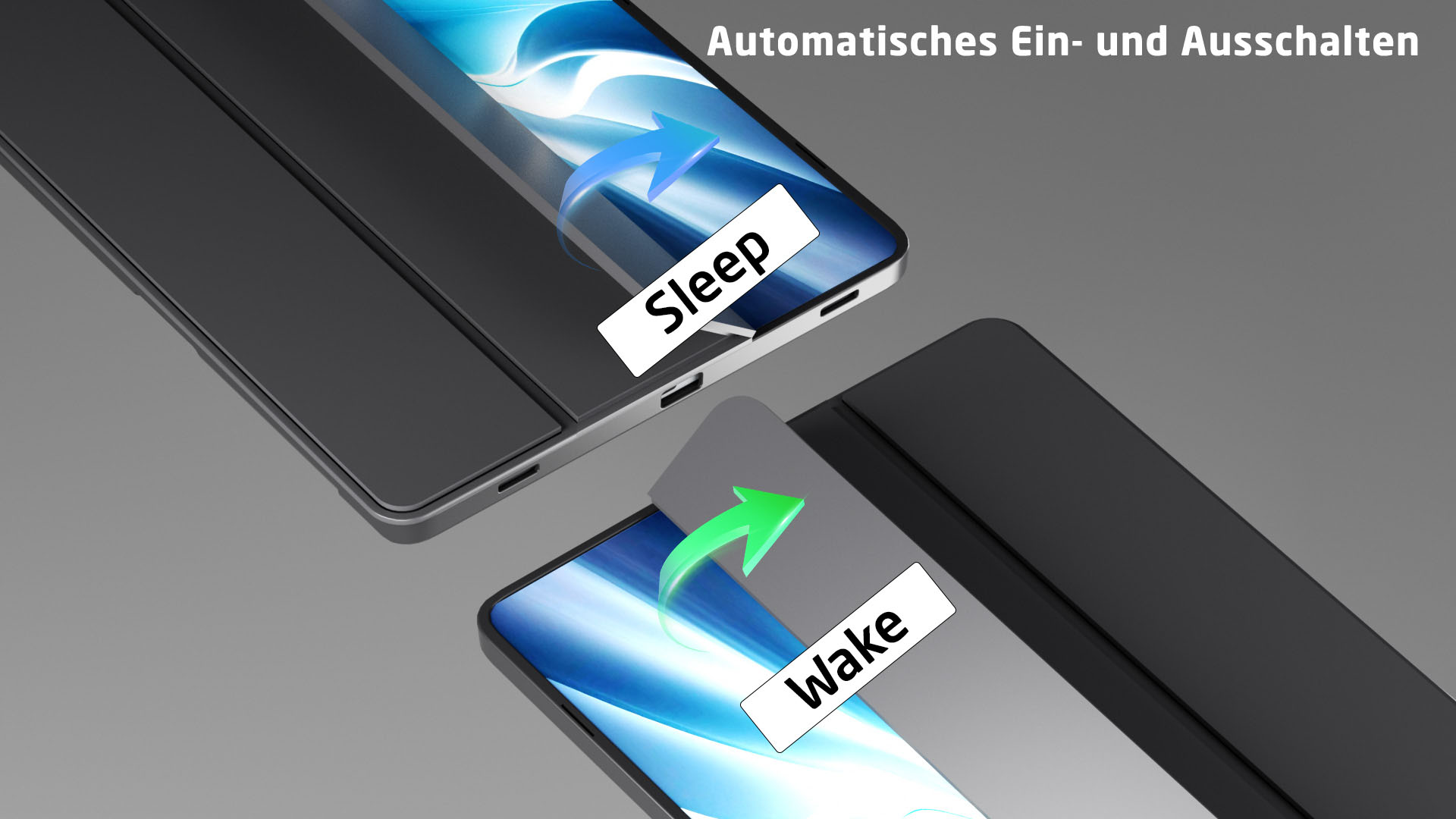 Ein Tablet im Schlafmodus mit blauen Pfeilen und im Wachmodus mit grünen Pfeilen.