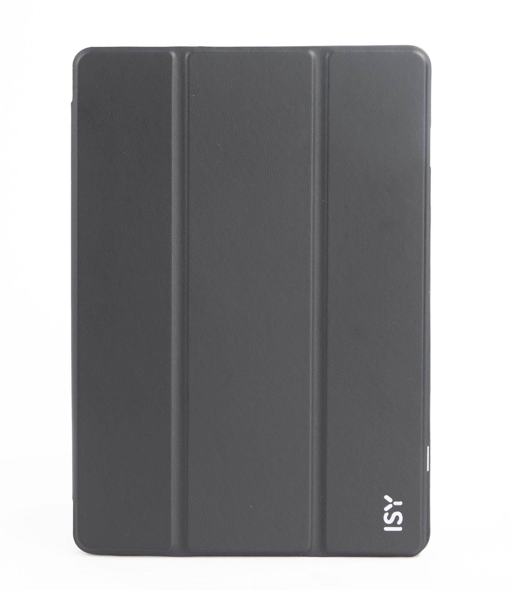 Eine dunkle Tablet-Hülle mit drei vertikalen Falten und dem ISY-Logo.