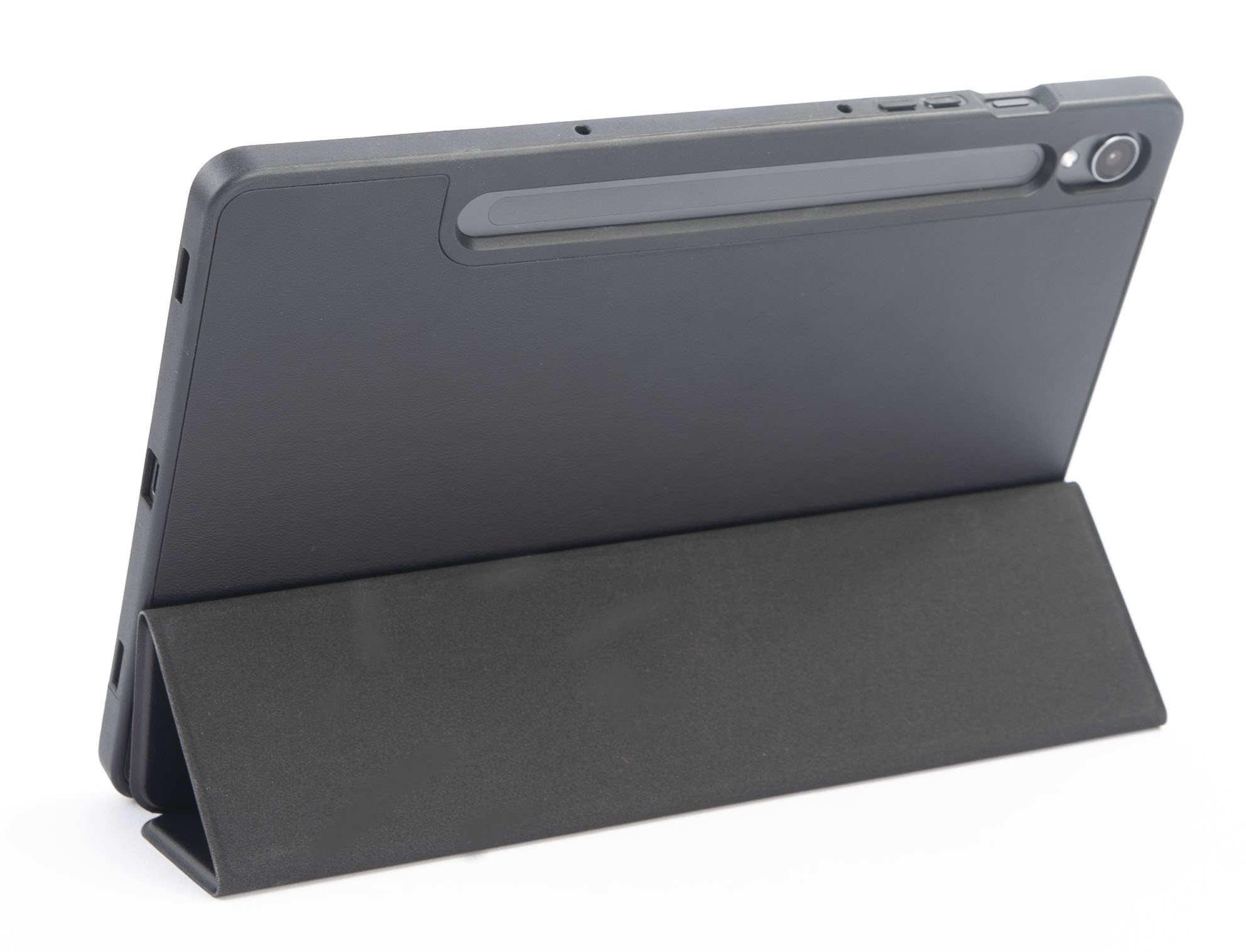 Dunkelgraues Tablet mit Stifthalter und Ständer, im Querformat auf weißem Hintergrund.