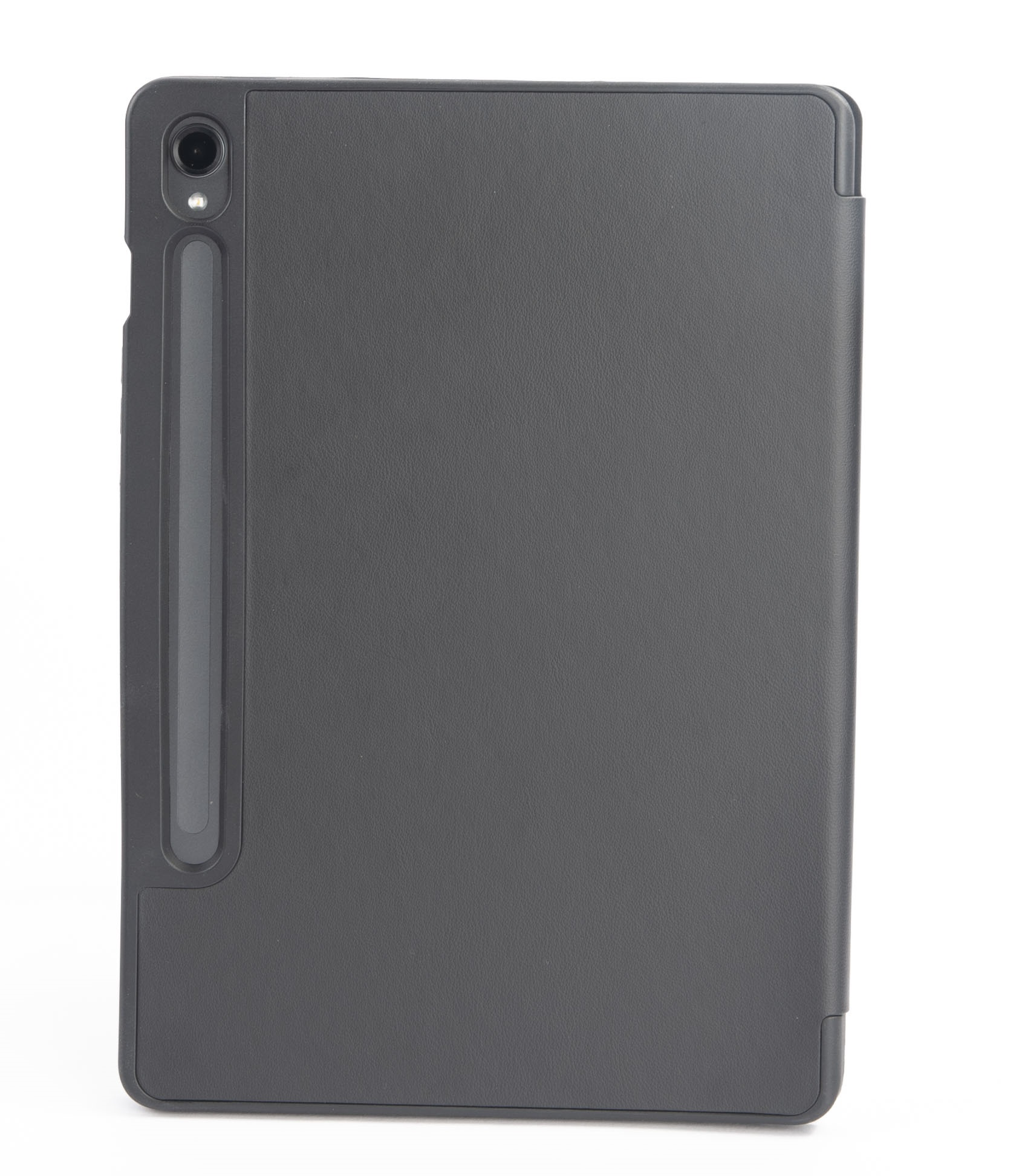 Ein dunkler Tablet-Ständer mit Stifthalter auf der linken Seite.