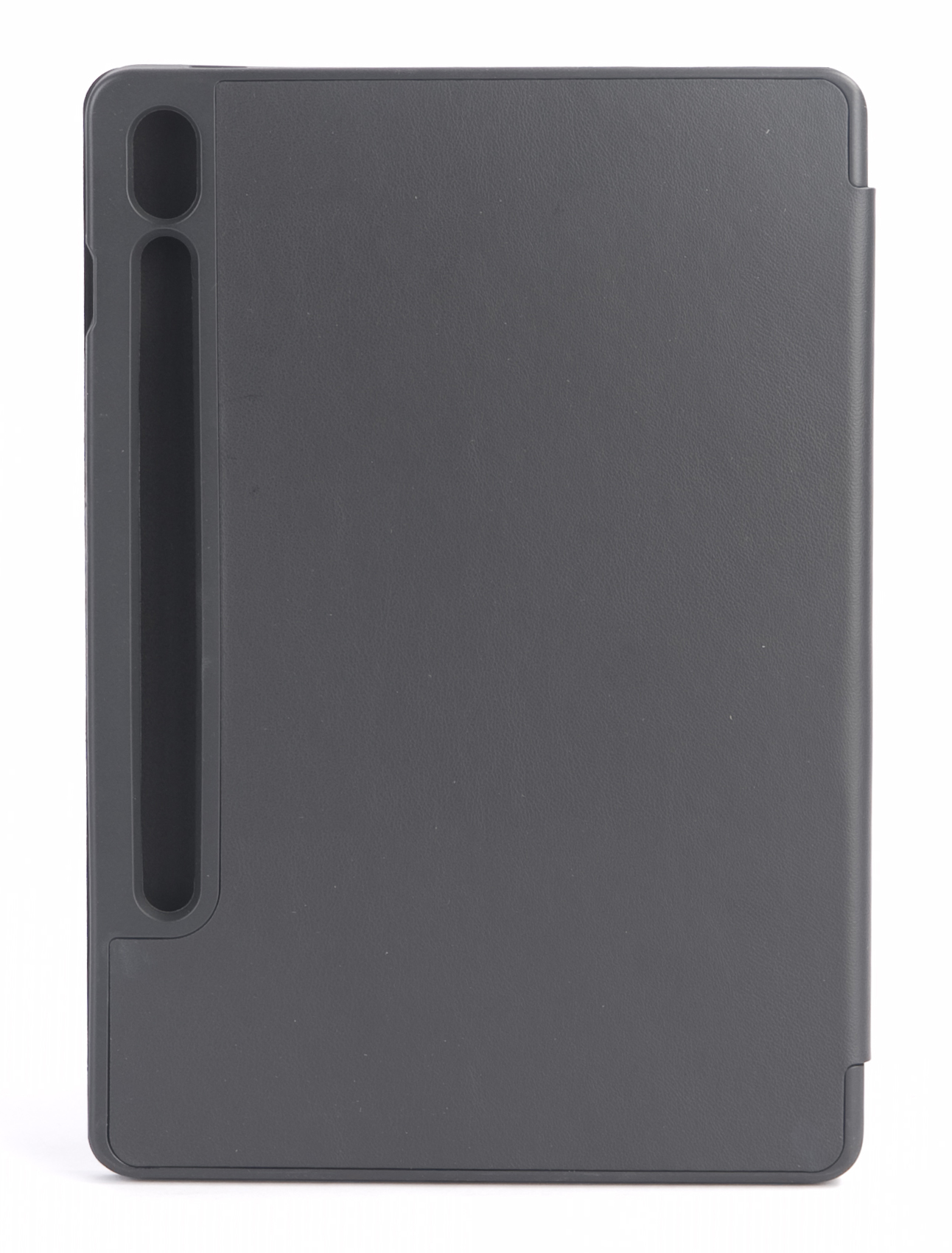 Dunkelgraue Tablet-Hülle mit Stifthalterung auf der linken Seite.