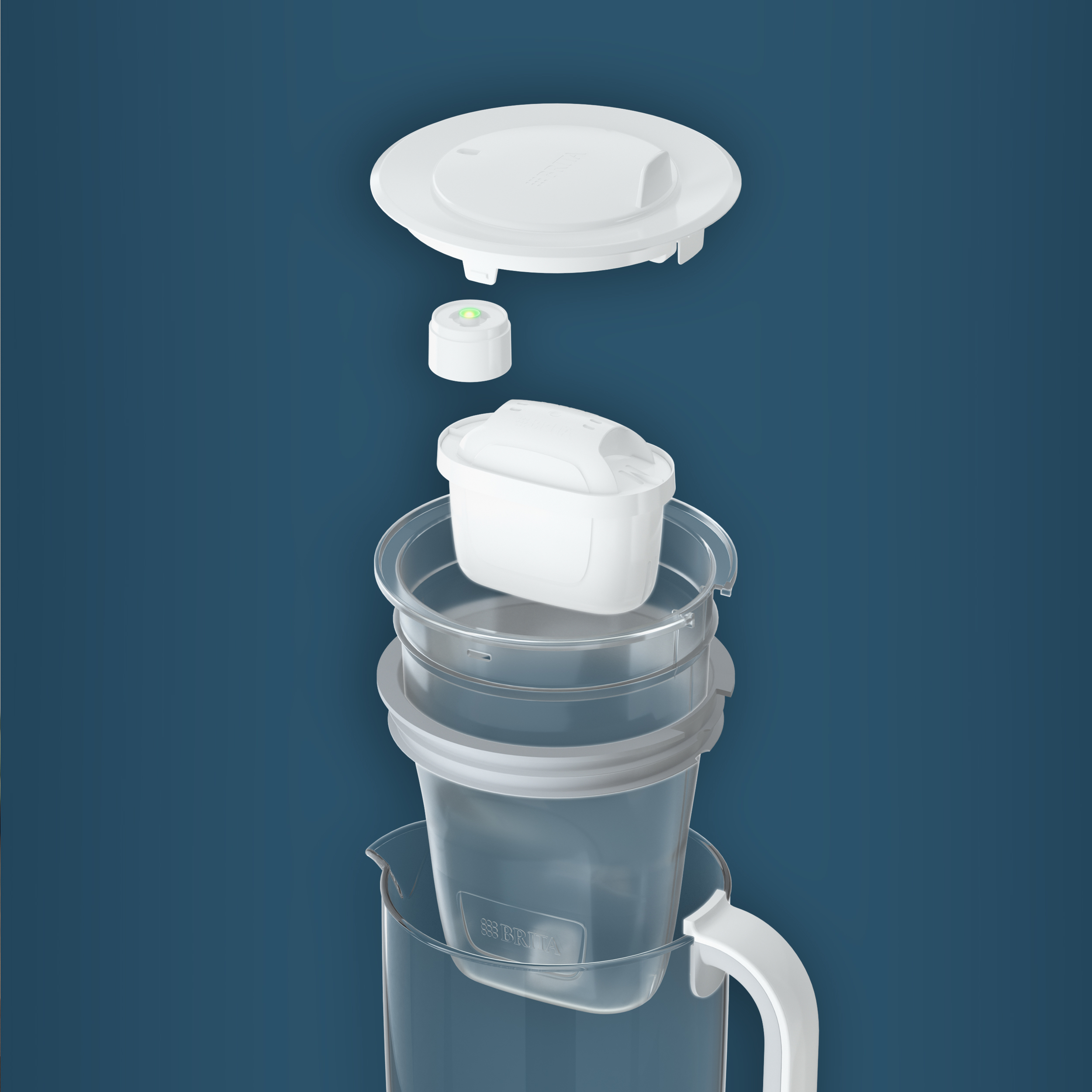 Un filtro acqua Brita bianco smontato con coperchio, cartuccia e indicatore.