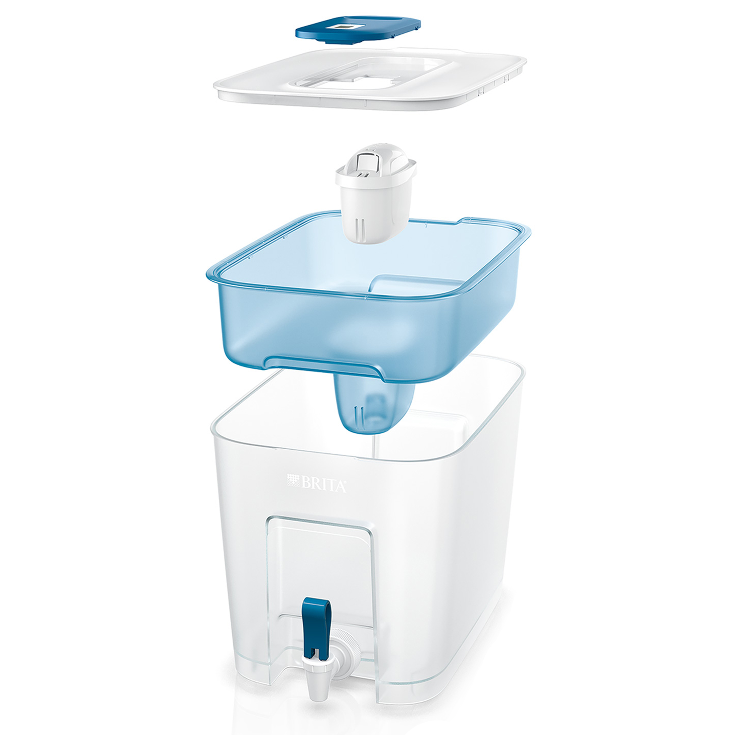 Caraffa filtrante Brita smontata con inserto blu e coperchio bianco.