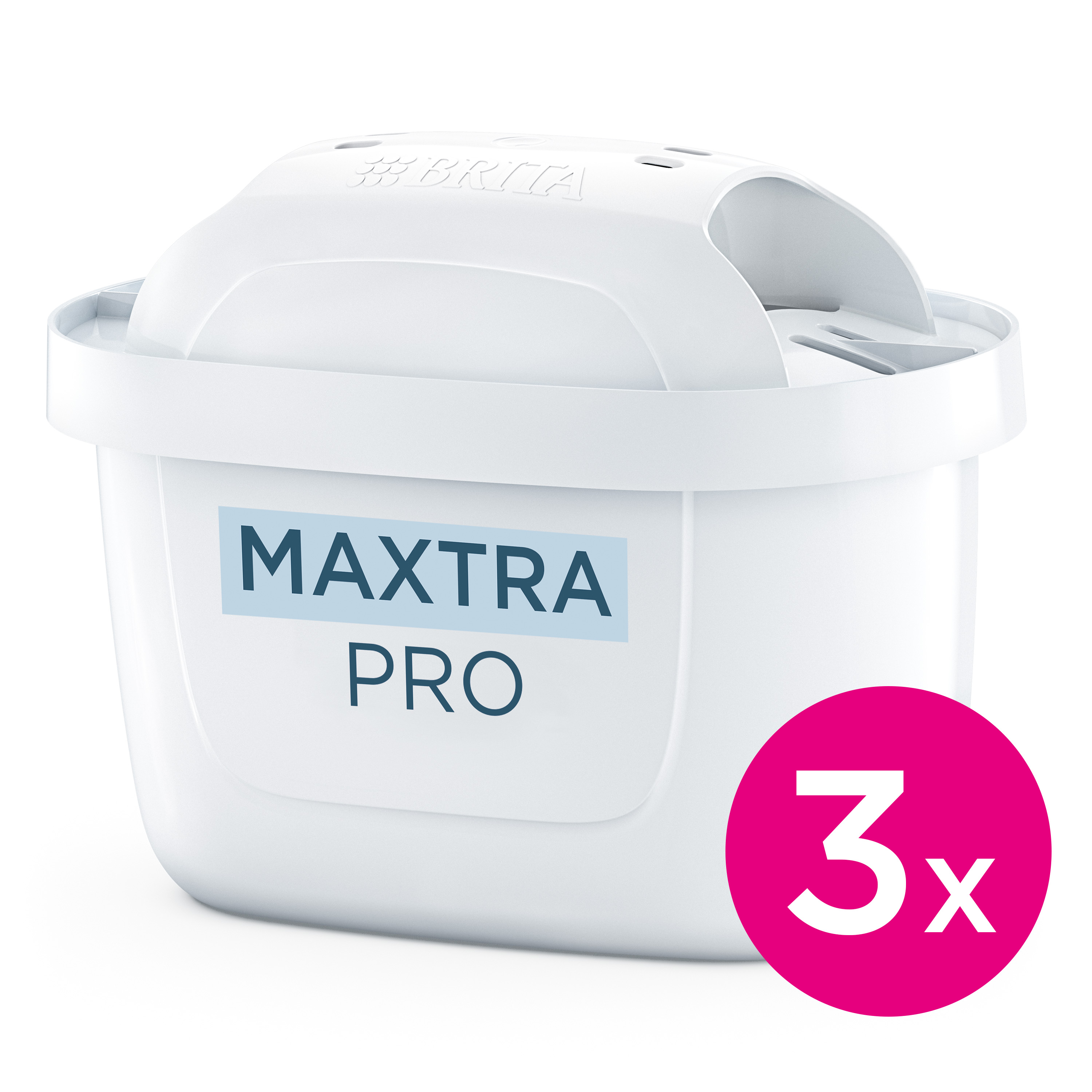 Un filtro acqua Brita MAXTRA PRO bianco con segno 3x.