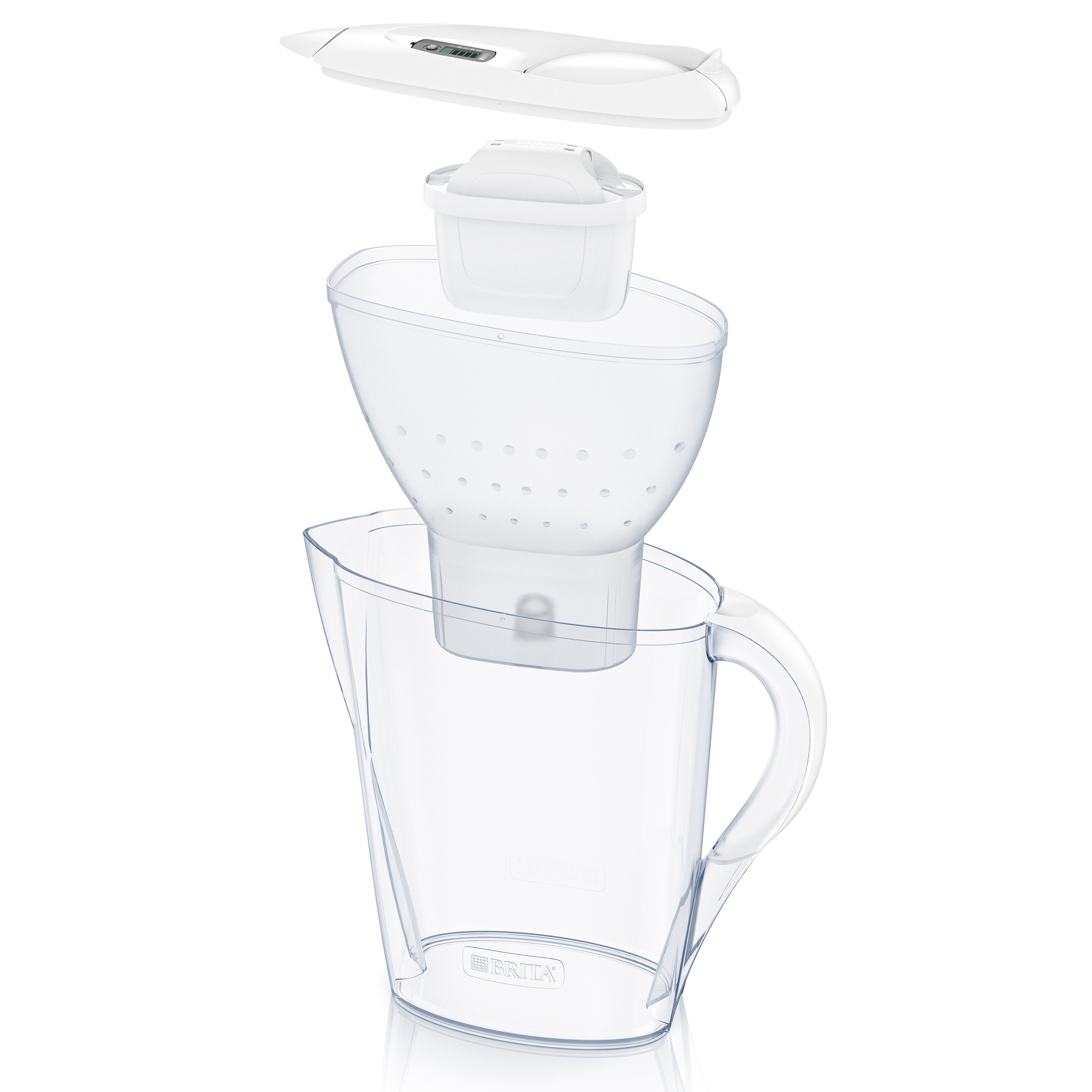 Une carafe-filtre à eau transparente avec pièces démontées : couvercle, filtre et carafe.