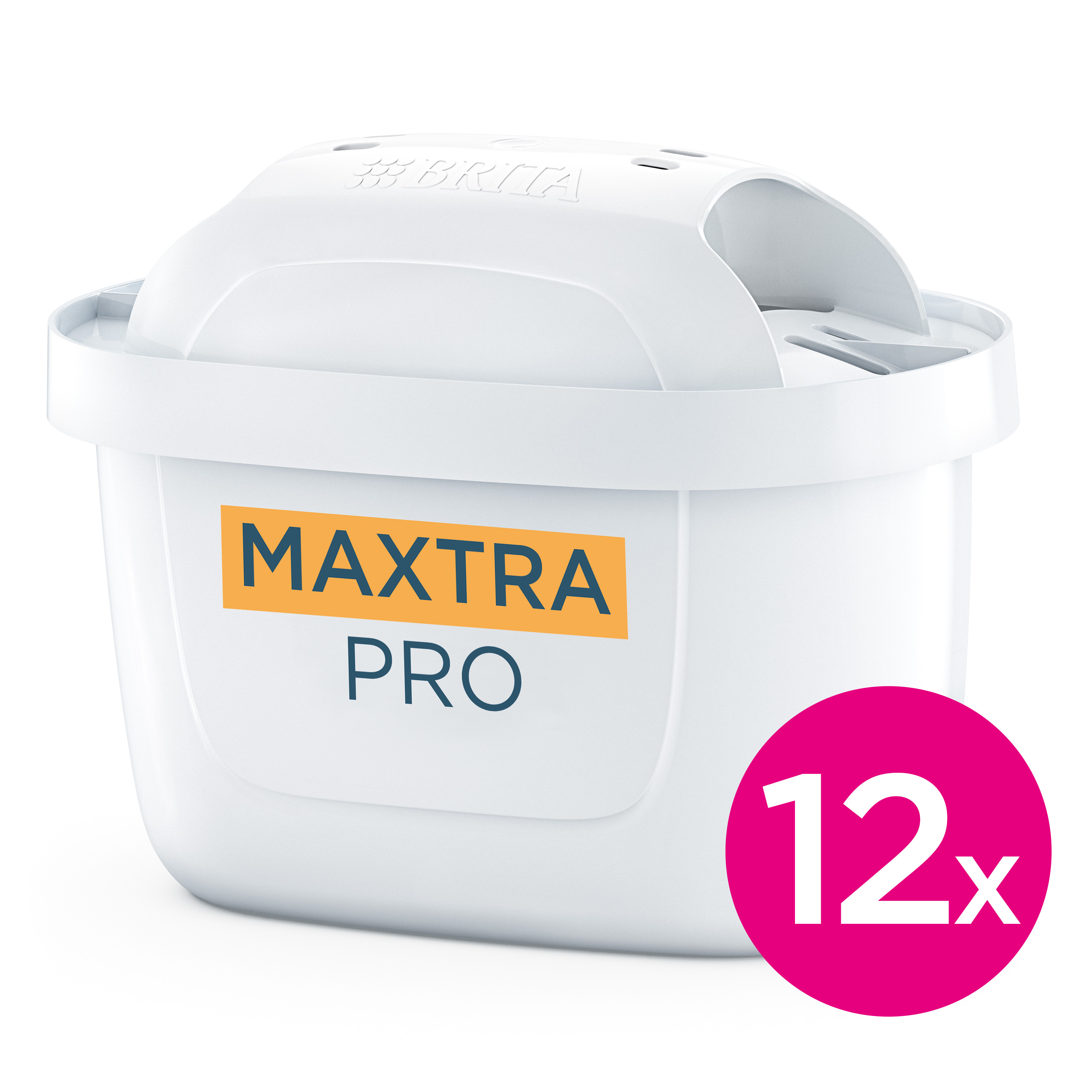 Filtro acqua Brita bianco con etichetta MAXTRA PRO e simbolo 12x.