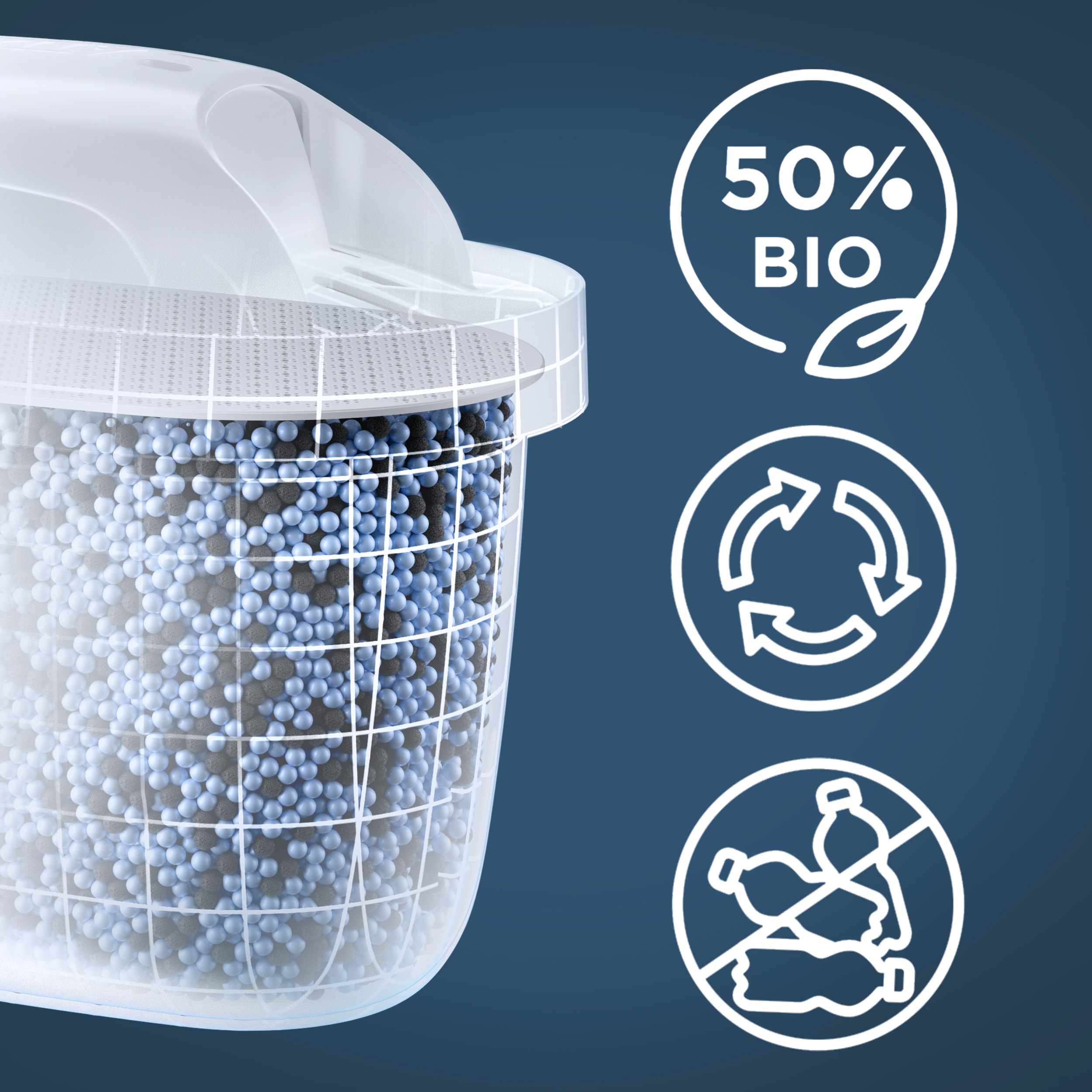 Filtro acqua con perline blu e grigie, icone 50% bio, riciclo e divieto plastica.