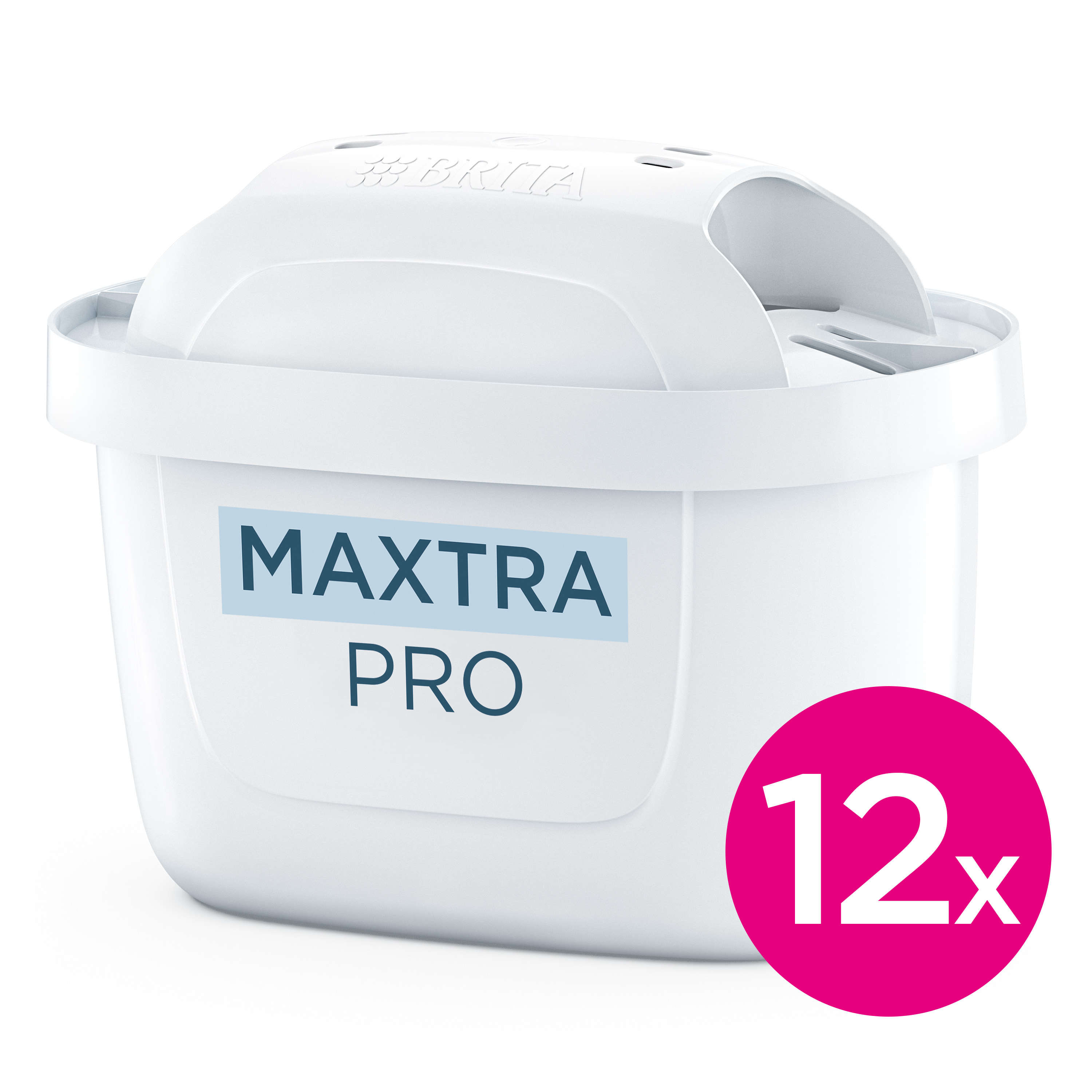 Un filtro acqua Brita MAXTRA PRO bianco con segno 12x.