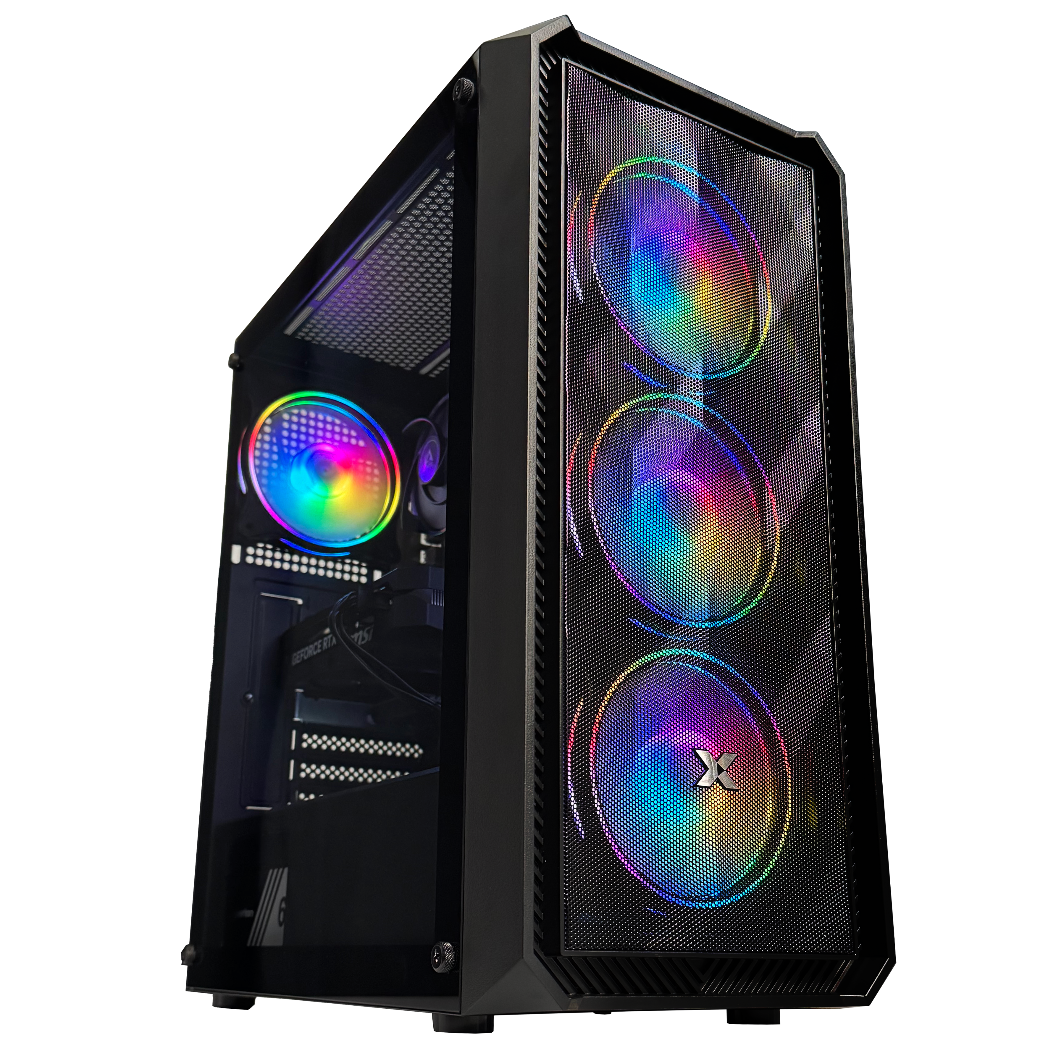 Schwarzes Gaming-Gehäuse mit RGB-Lüftern und transparentem Seitenfenster.