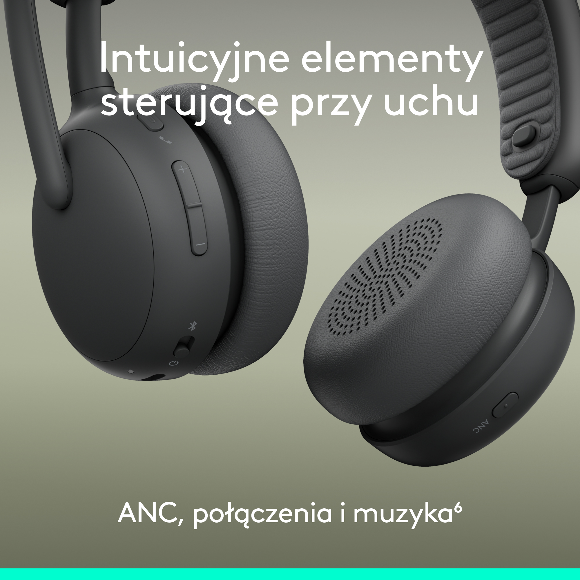 Ciemnoszare słuchawki nauszne ze skórzanym wykończeniem i przyciskami.