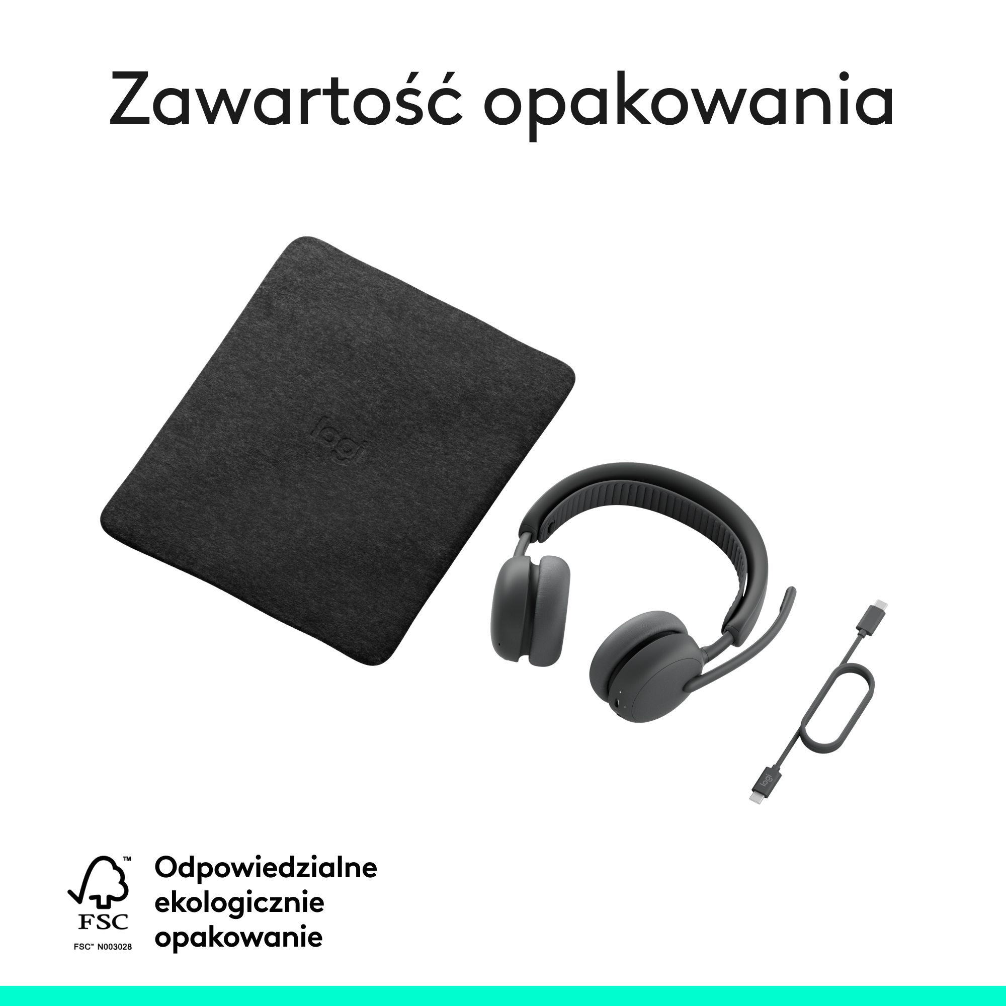 Szare słuchawki, etui i kabel USB-C z logo Logitech.