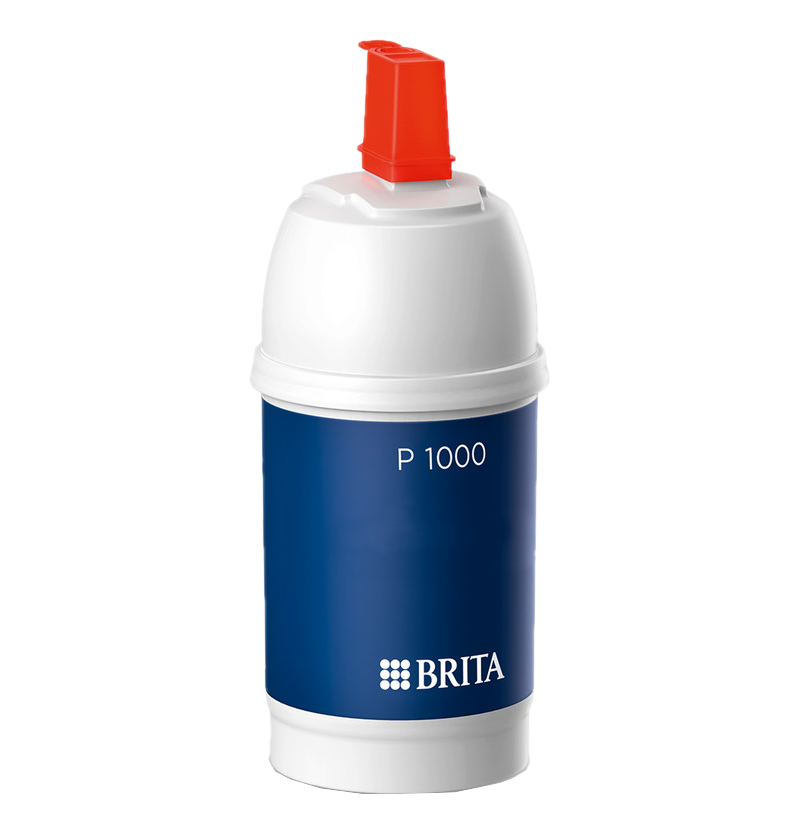 Un filtro acqua Brita P 1000 bianco con etichetta blu e tappo rosso.