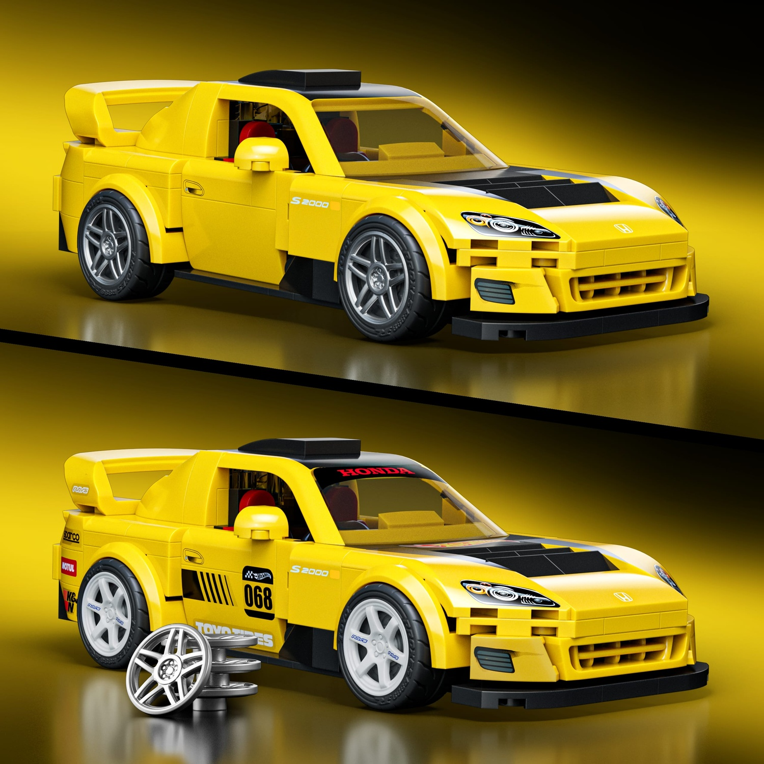 Auto sportiva Lego gialla con cofano e spoiler neri.