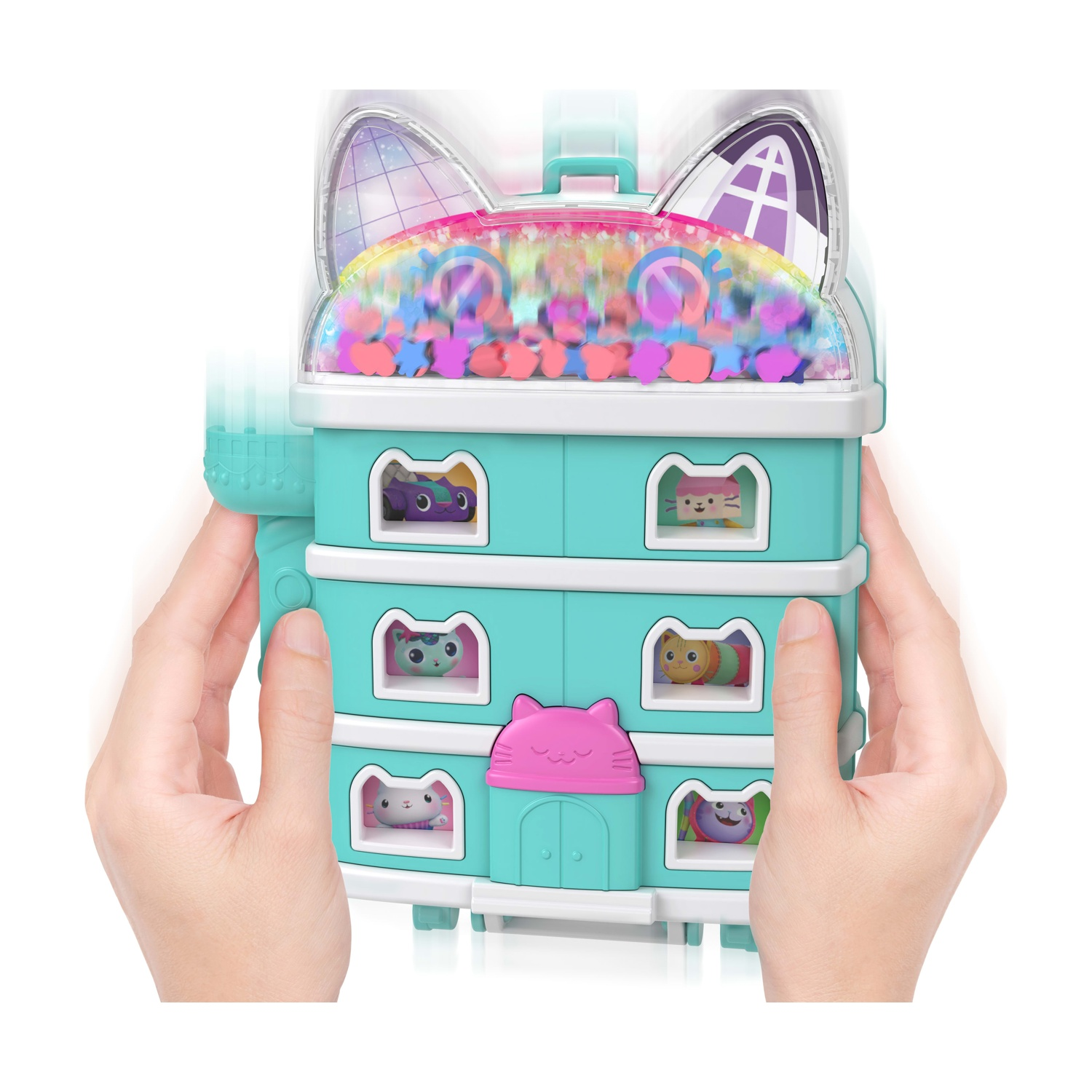 Una casa giocattolo turchese con orecchie da gatto, palline colorate.