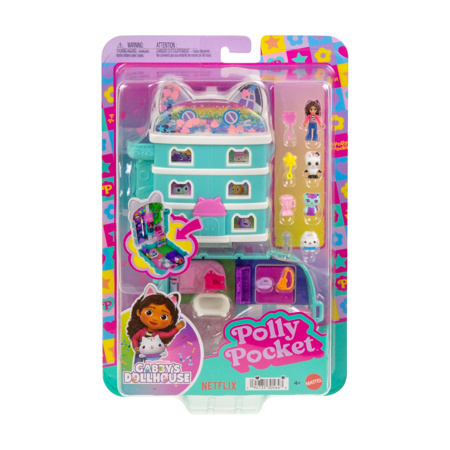 Set di giocattoli Gabby's Dollhouse Polly Pocket in confezione con figure e accessori.