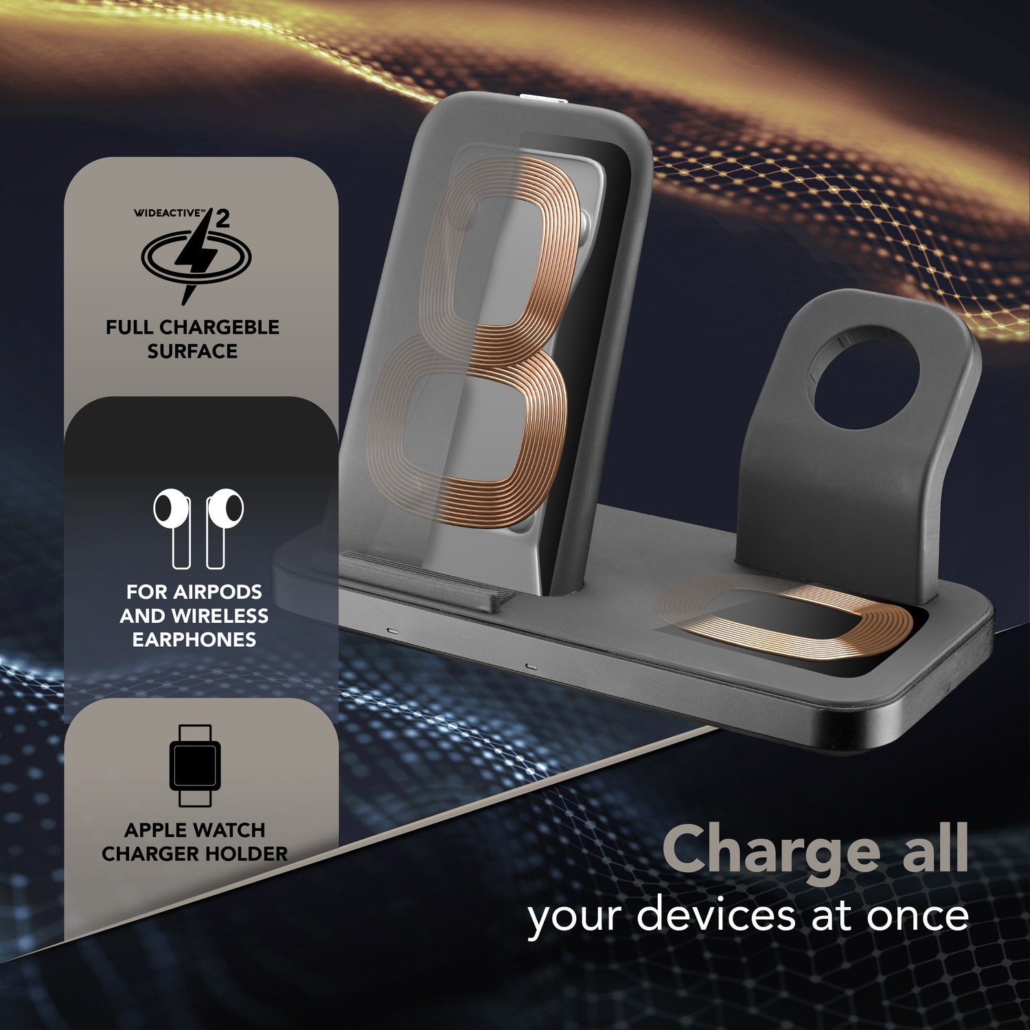 Un caricabatterie nero multi-dispositivo con spazio per telefono, auricolari e orologio.