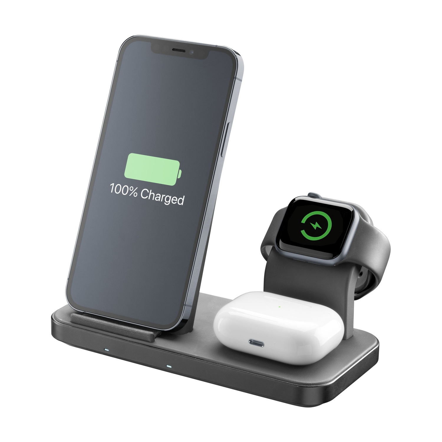 Supporto di ricarica con iPhone, Apple Watch e custodia di ricarica AirPods.