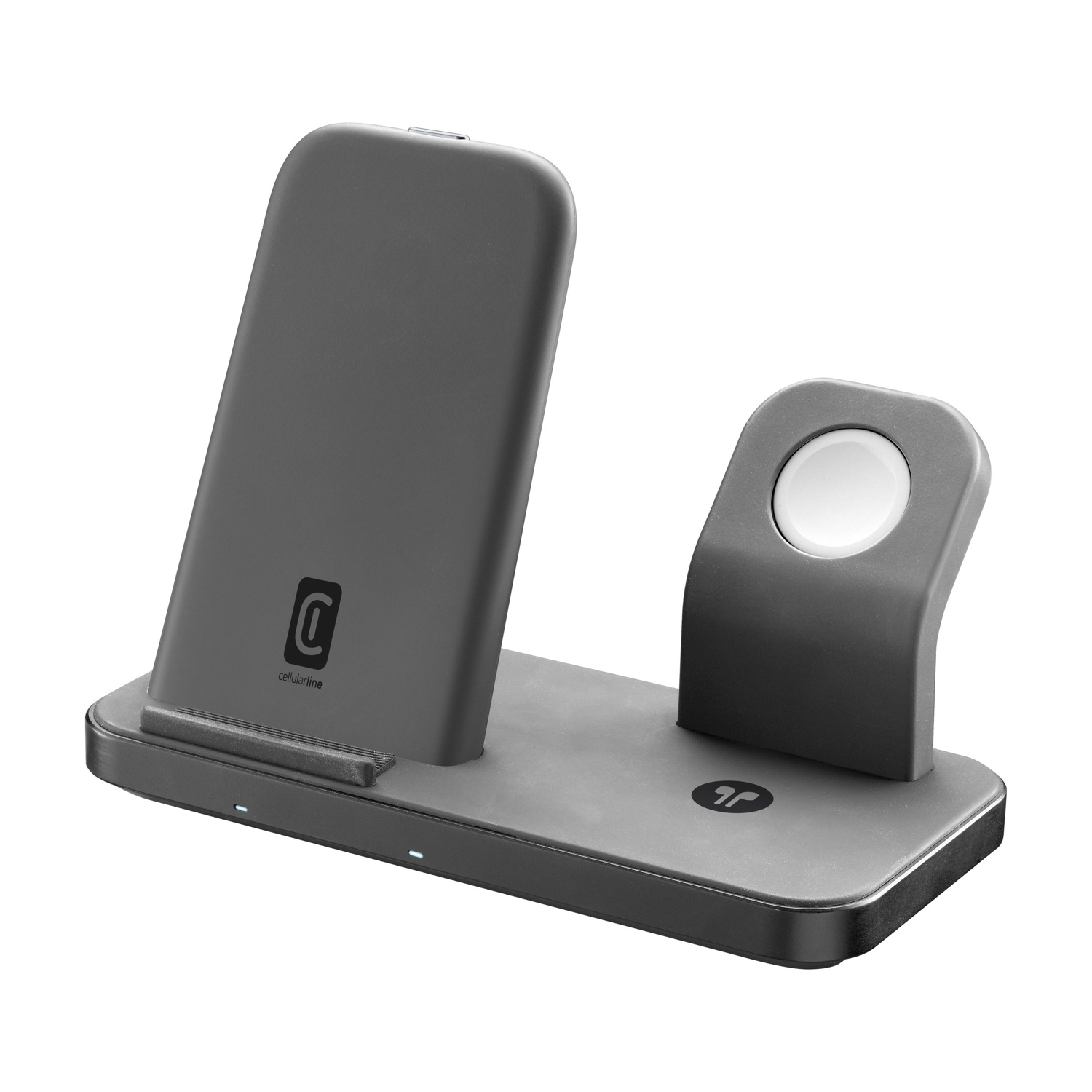 Supporto di ricarica grigio per telefono e orologio con logo.