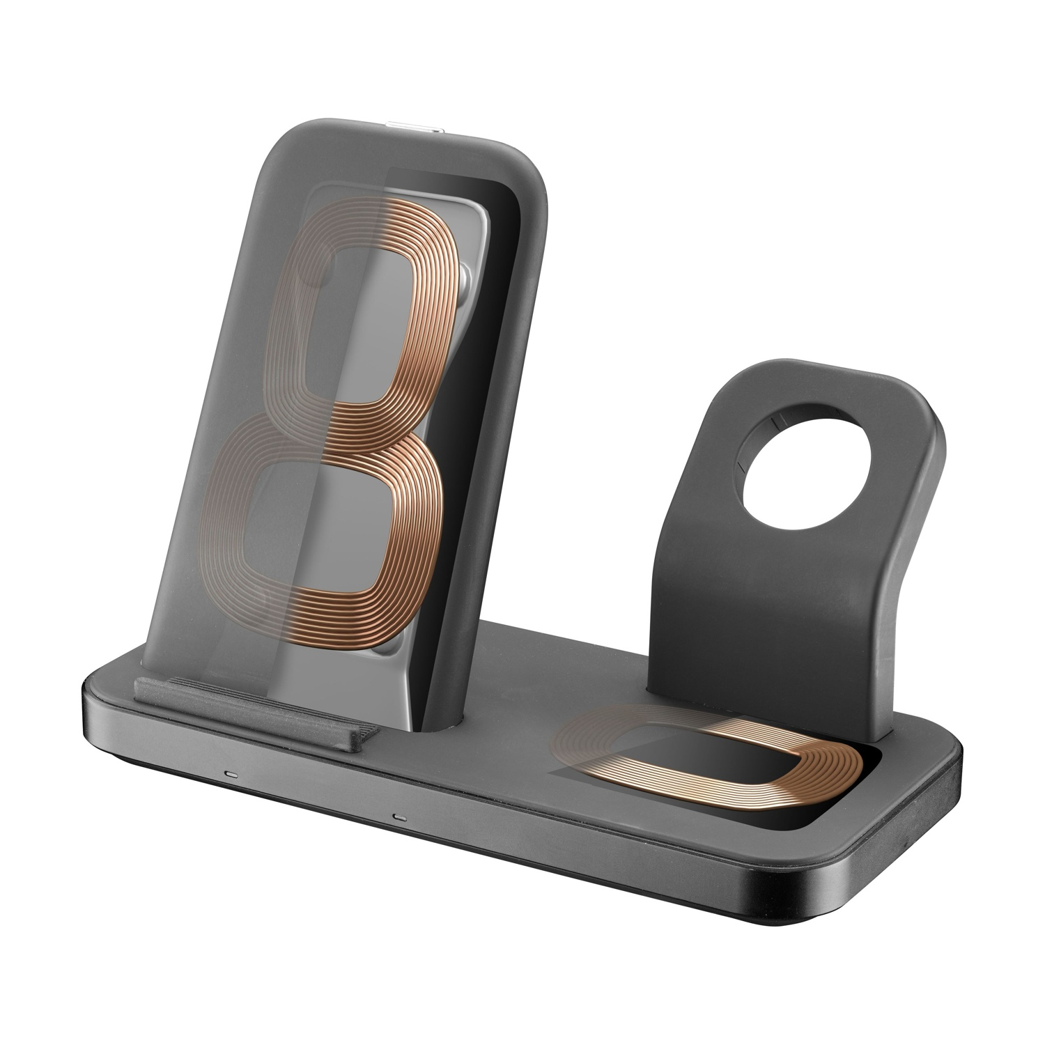 Un caricabatterie wireless nero con due bobine per telefoni e orologi.