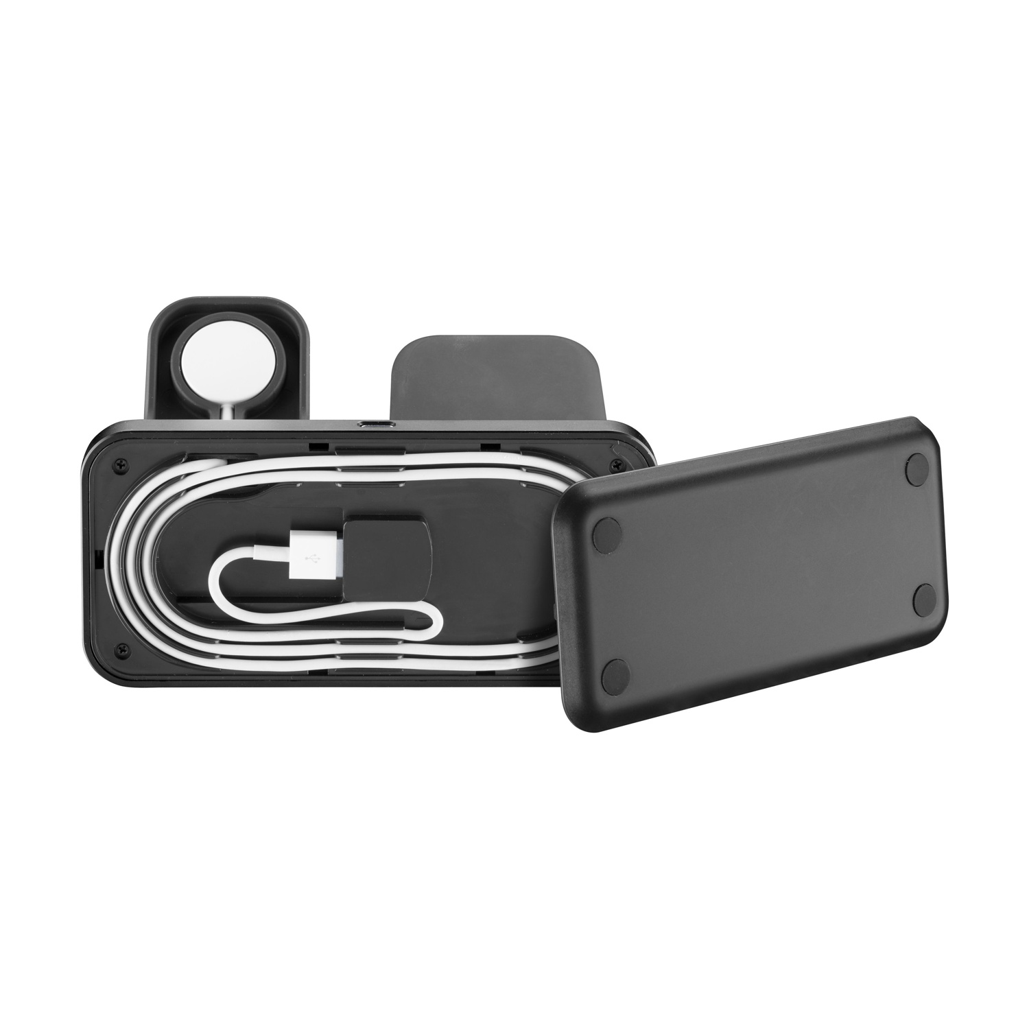 Supporto di ricarica nero con cavo di ricarica bianco e caricatore Apple Watch.